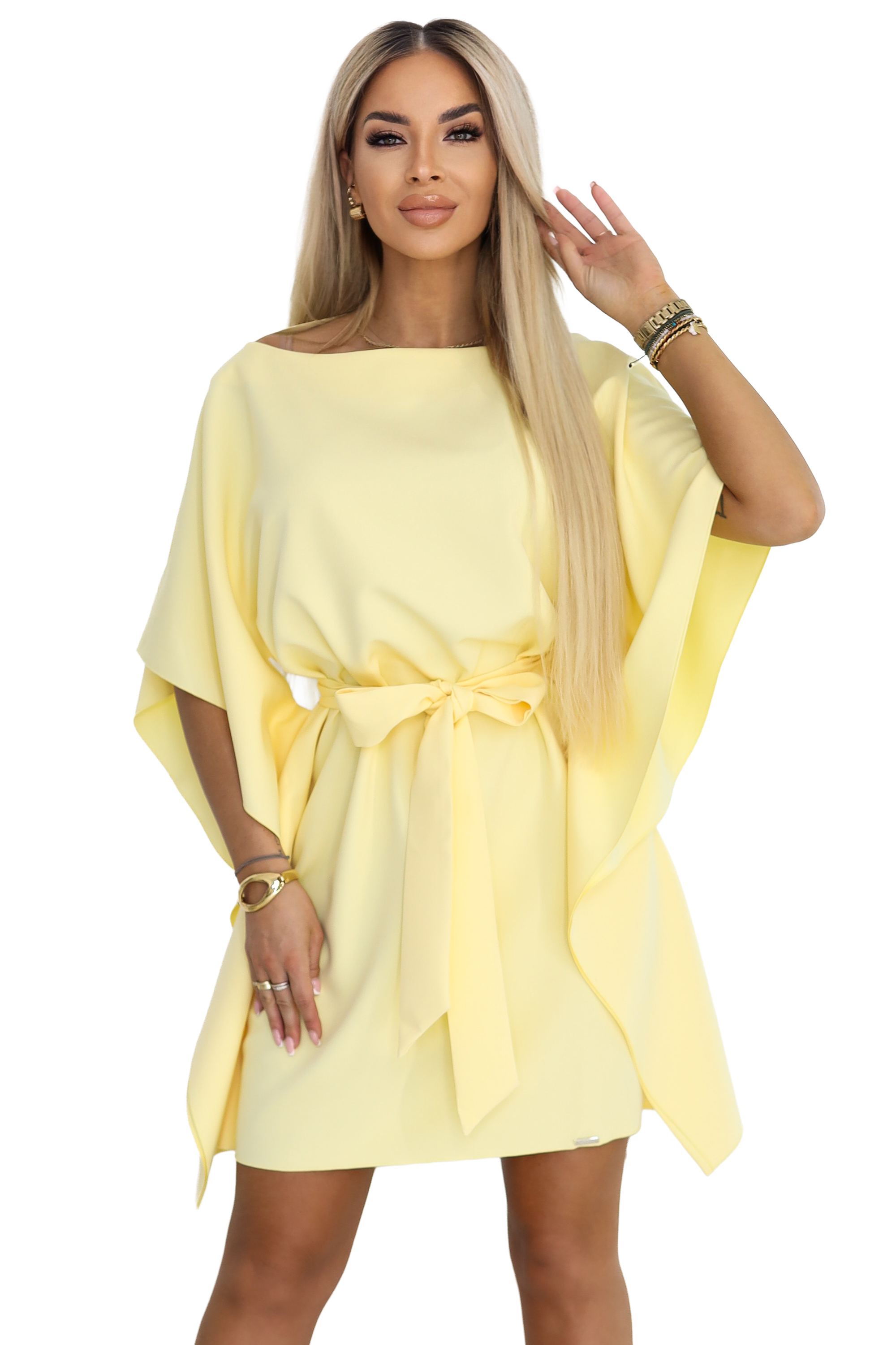 68225287-41 SOFIA Sukienka motyl z wiązaniem w pasie - pastelowy cytrynowy-9