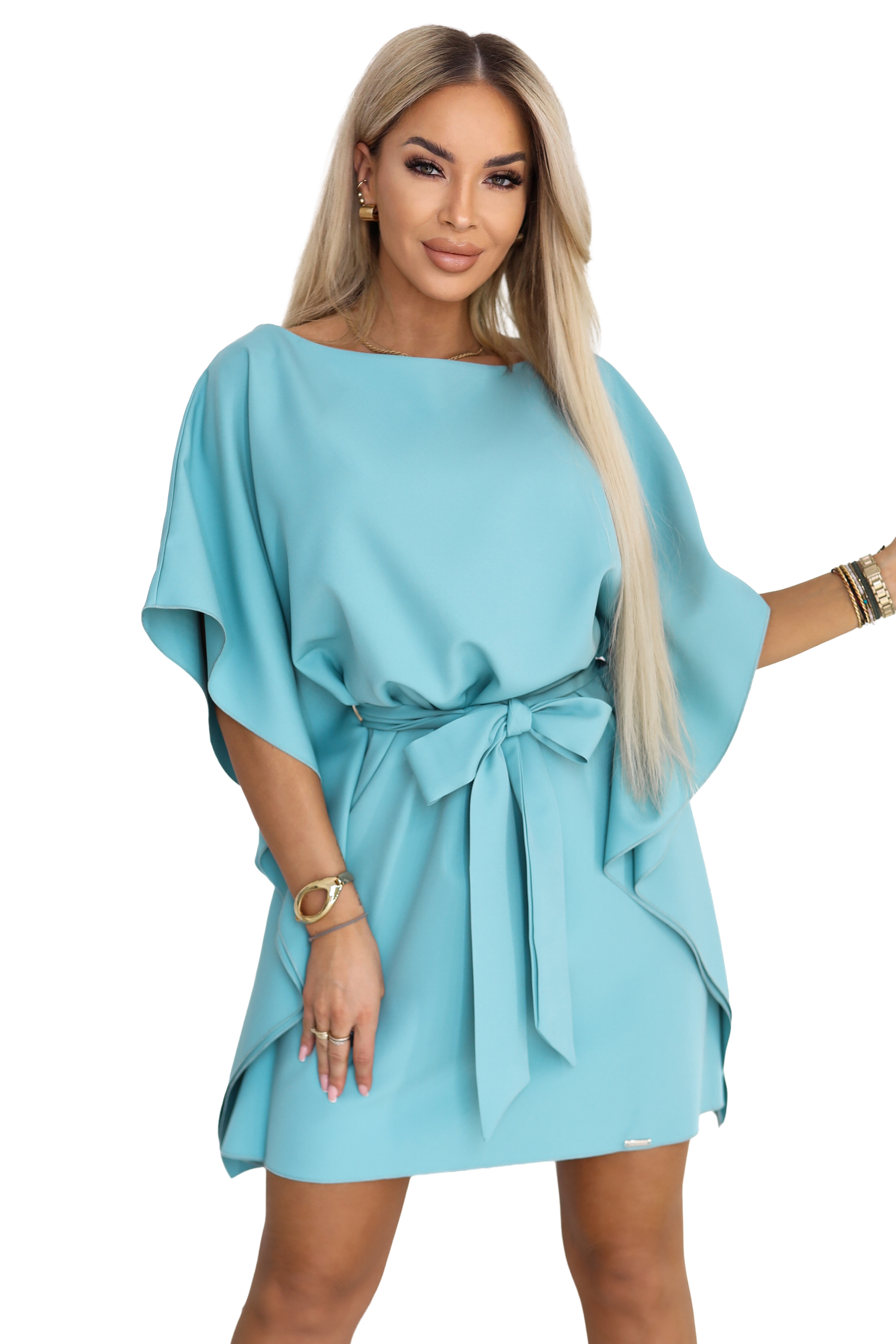68226287-40 SOFIA Sukienka motyl z wiązaniem w pasie - pastelowy turkus-7