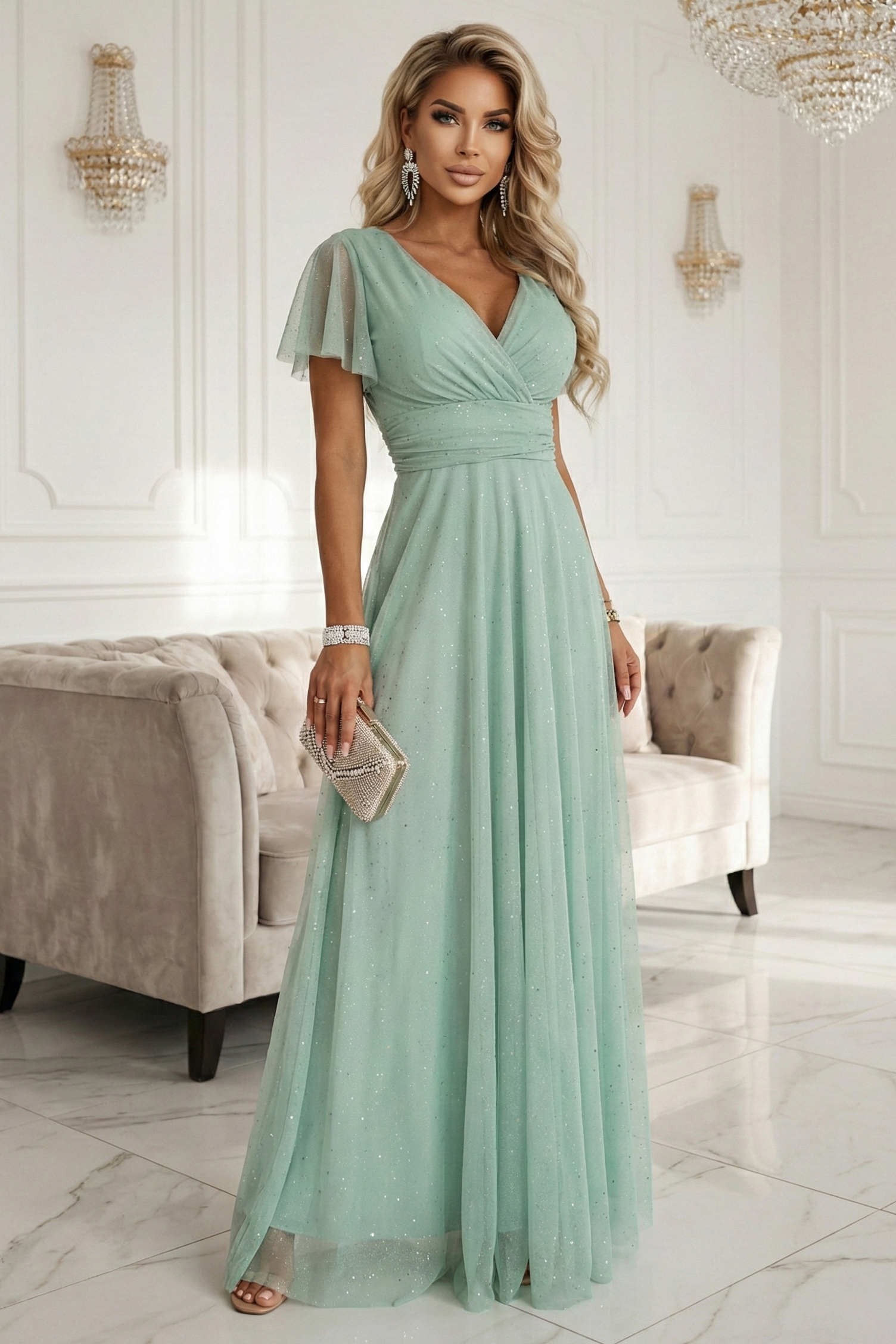 68229635-8 MELANIA długa błyszcząca suknia z dekoltem i krótkim rękawkiem - pistacjowa-7