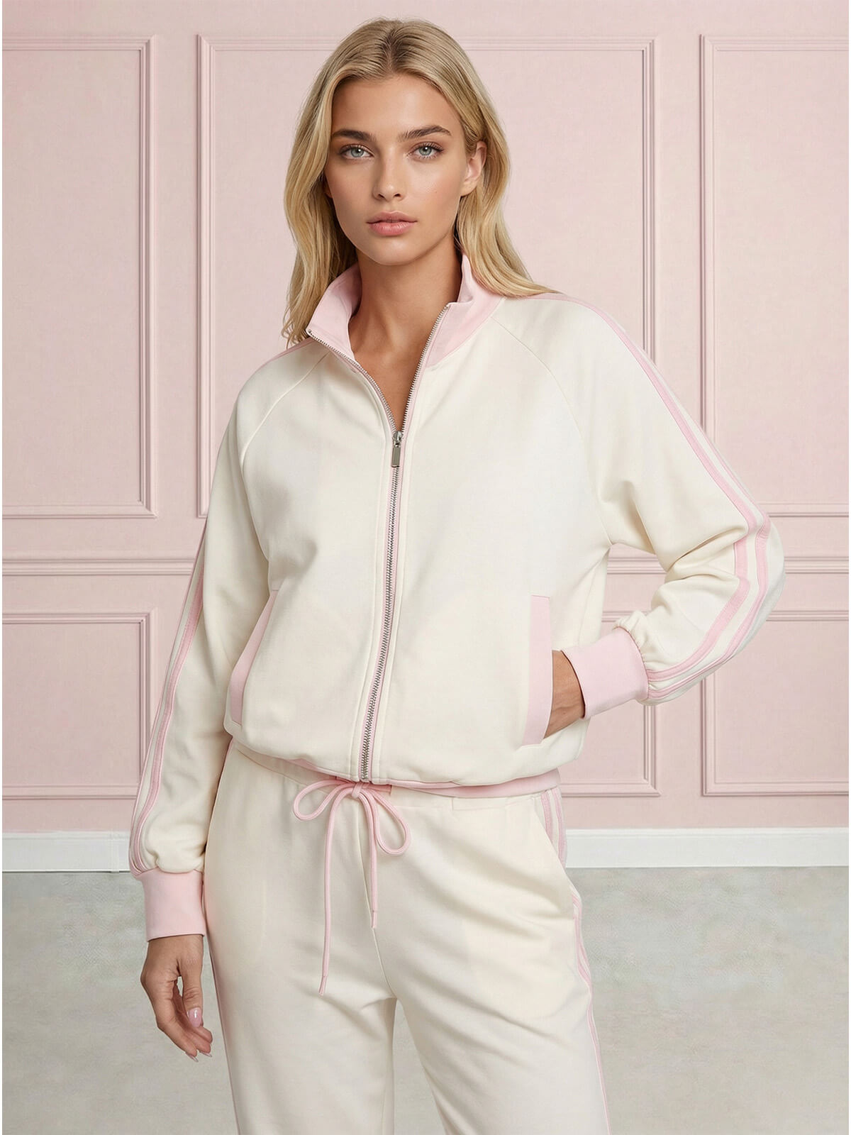 Komplet dresowy damski z lampasami, bluza ze stójką i proste spodnie Śmietankowy - W260271 (4).jpg