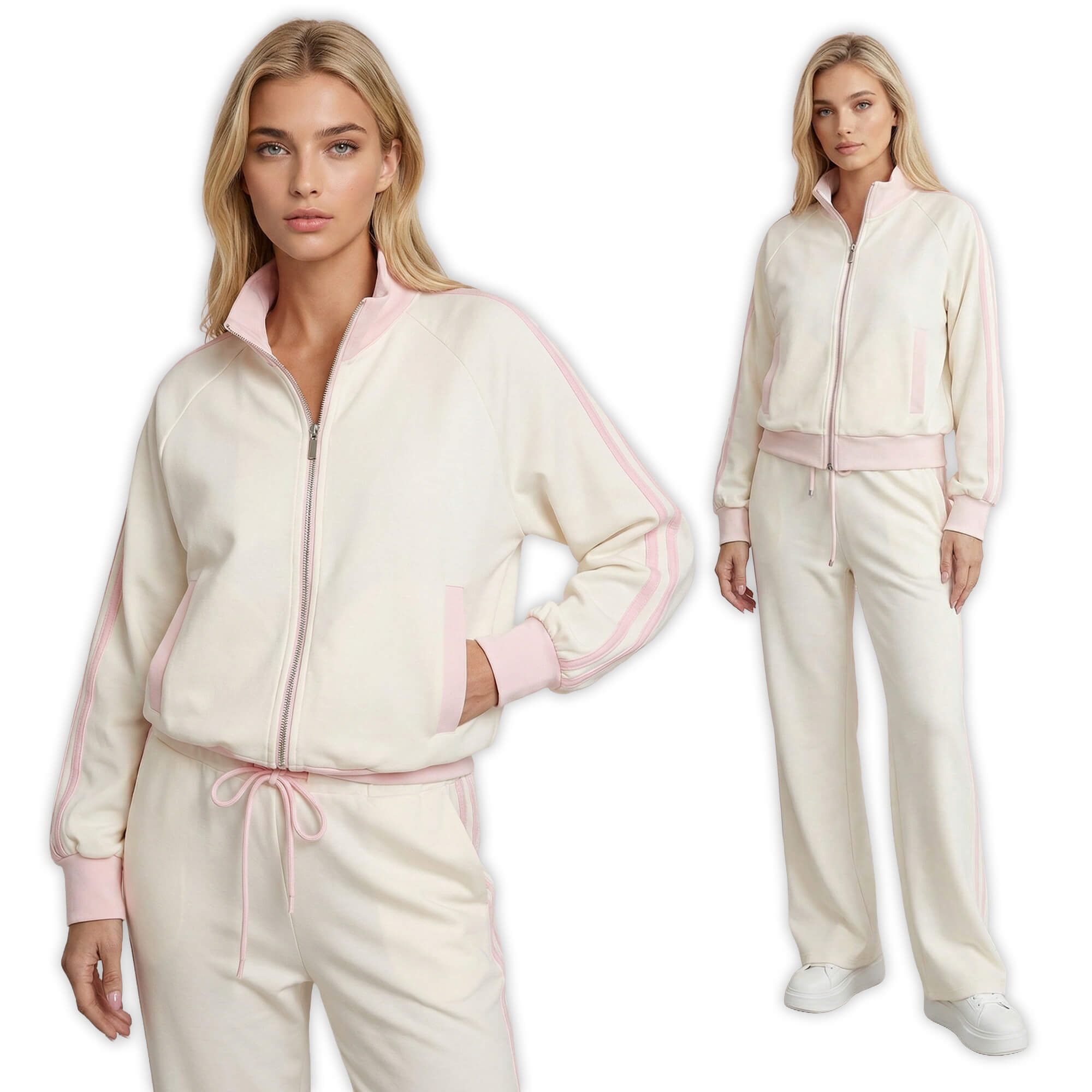 Komplet dresowy damski z lampasami, bluza ze stójką i proste spodnie Śmietankowy - W260271 (6).jpg