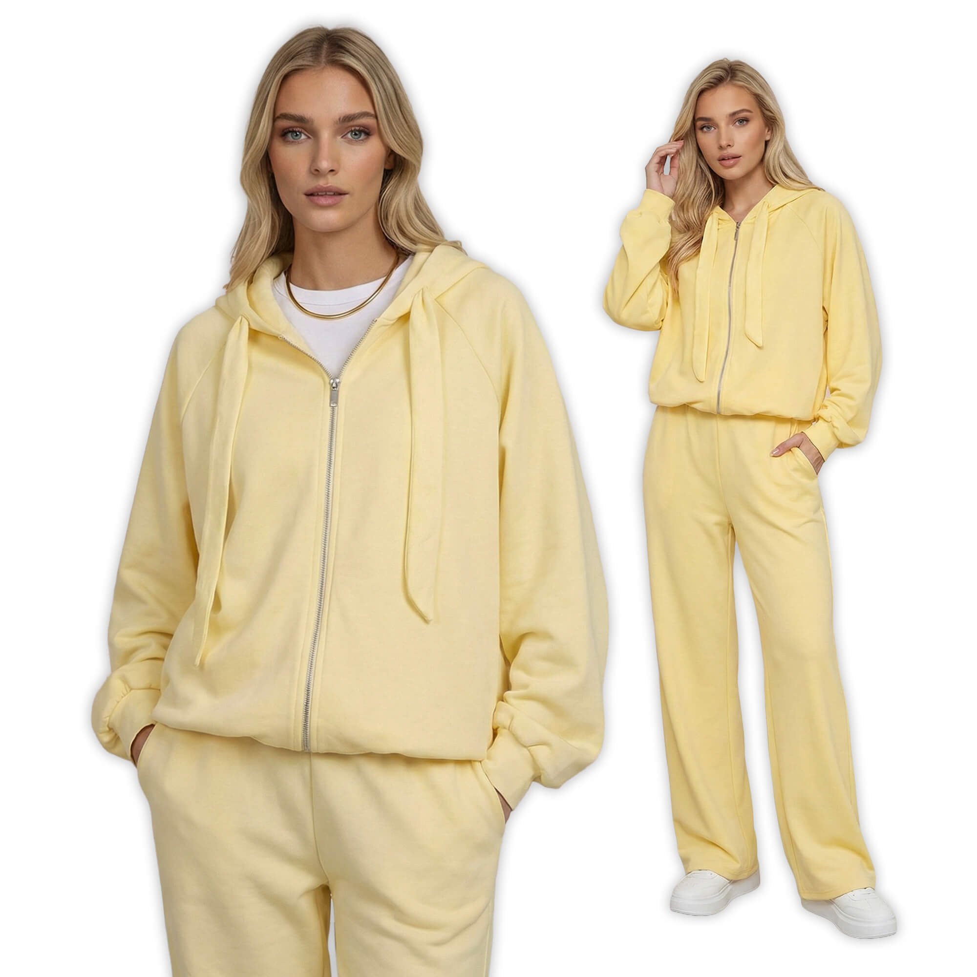 Komplet dresowy damski oversize z bluzą na zamek i szerokimi spodniami Żółty - W260262 (7).jpg