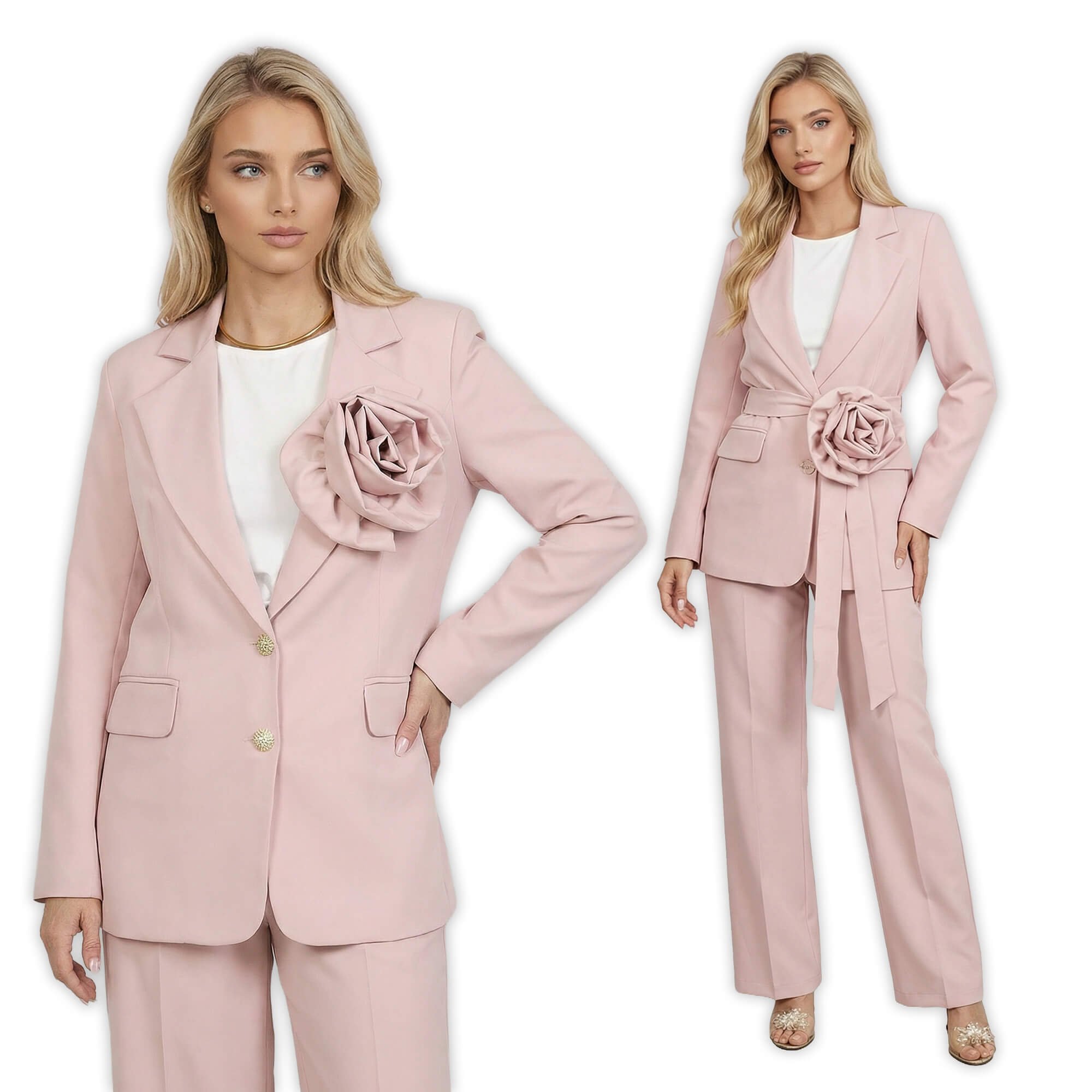 Elegancka marynarka damska BB z paskiem i ozdobną różą Pudrowy Róż - W260426 (8).jpg