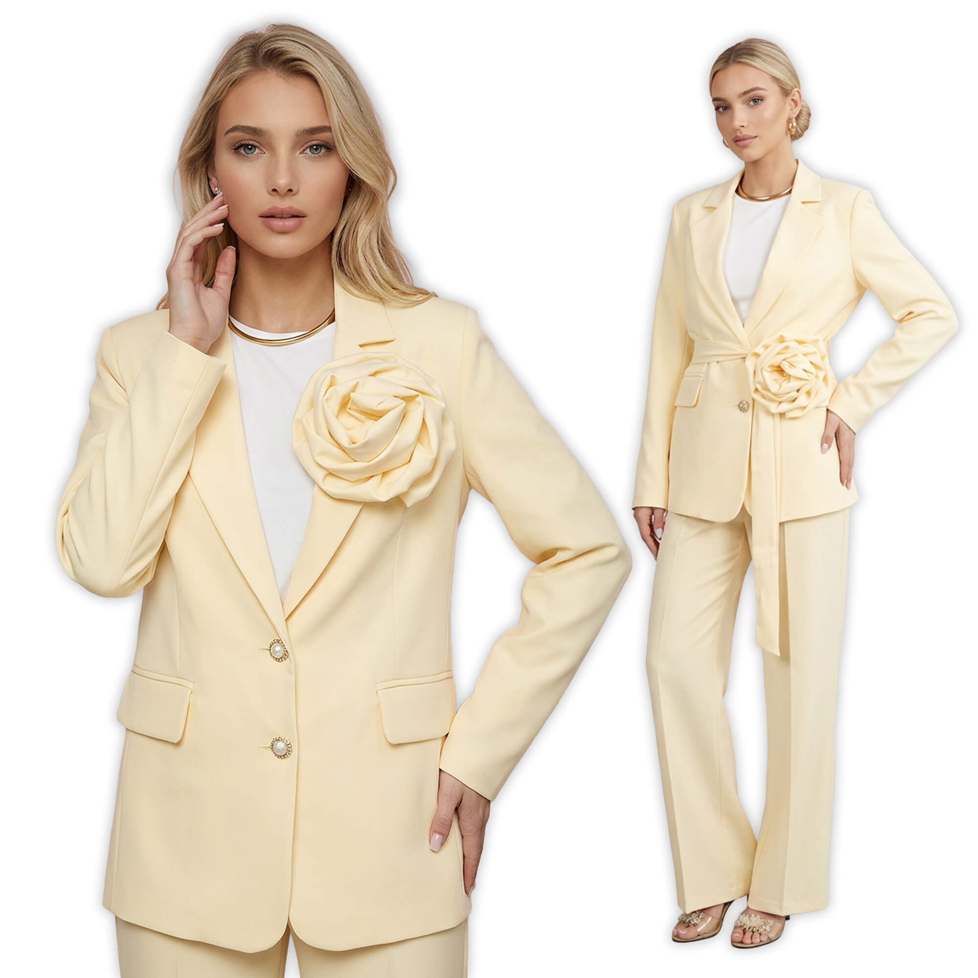 Elegancka marynarka damska BB z paskiem i ozdobną różą Żółty - W260426 (8).jpg