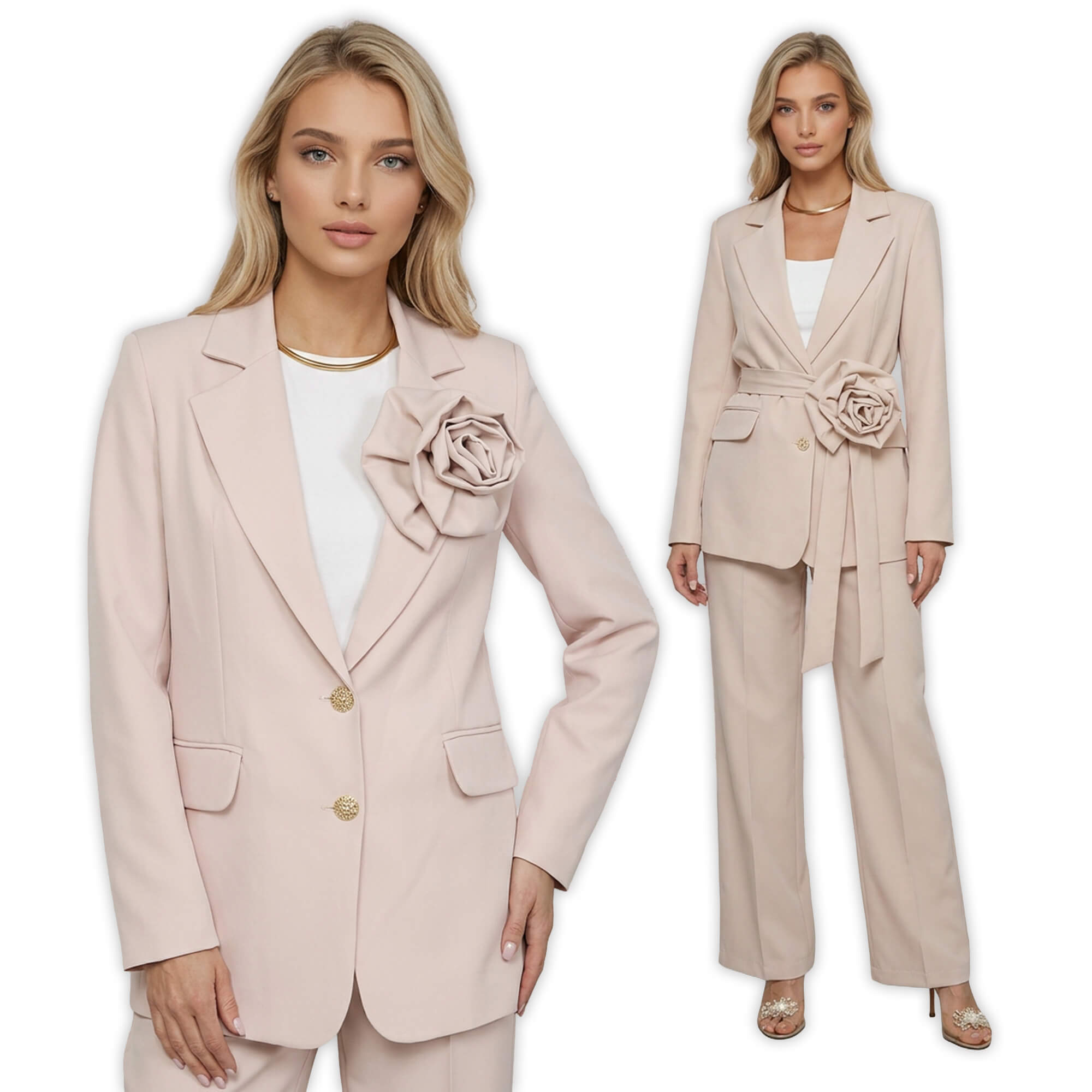 Elegancka marynarka damska BB z paskiem i ozdobną różą Beżowa - W260426 (8).jpg