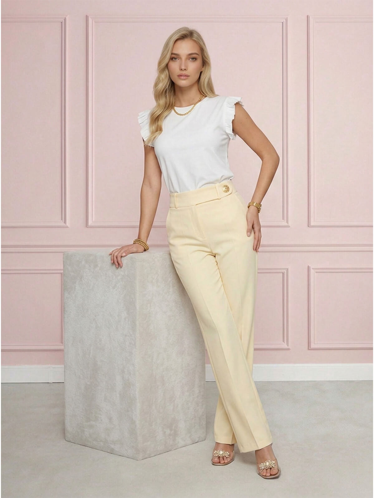 Eleganckie spodnie BB z szeroką nogawką Żółte - W250337 (3).jpg