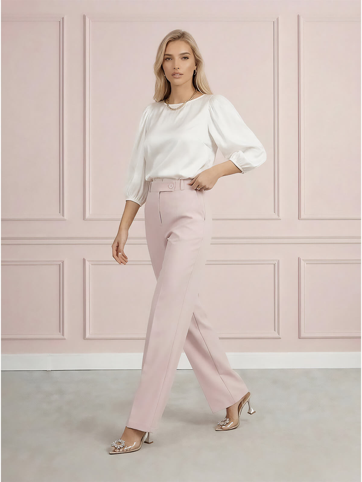 Eleganckie spodnie BB z szeroką nogawką Pudrowy Róż - W250196  (4).jpg