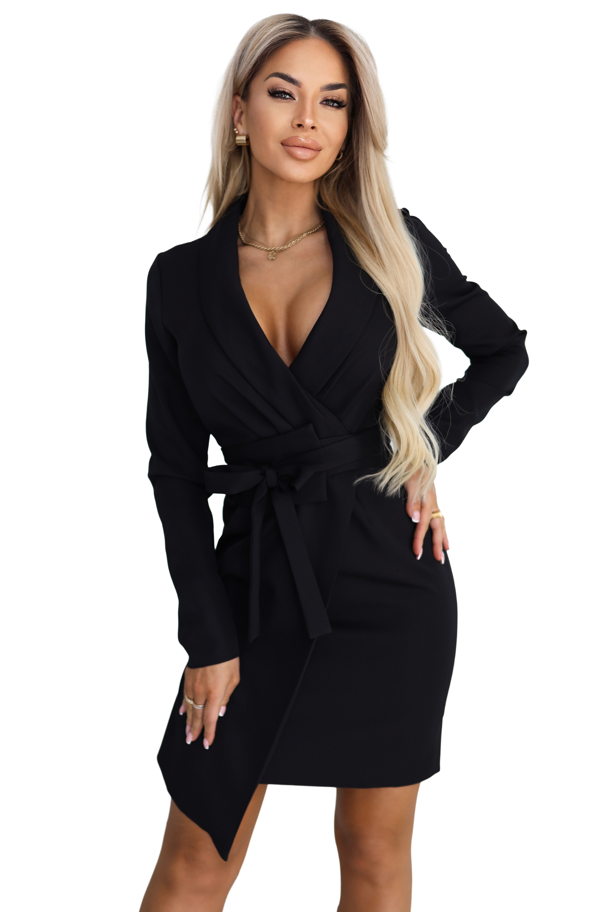 68261670-1 Elegancka sukienka marynarkowa z paskiem i asymetrycznym dołem - czarna-9