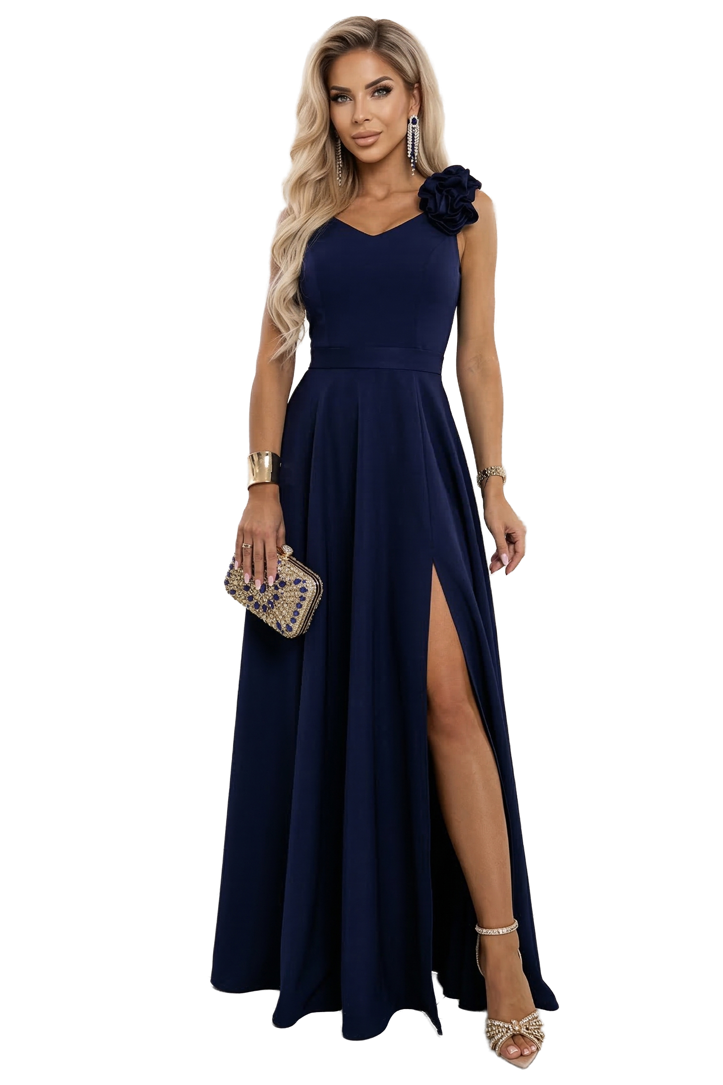 68265643-4 Elegancka wieczorowa suknia maxi z rozcięciem i różami - granatowa-8