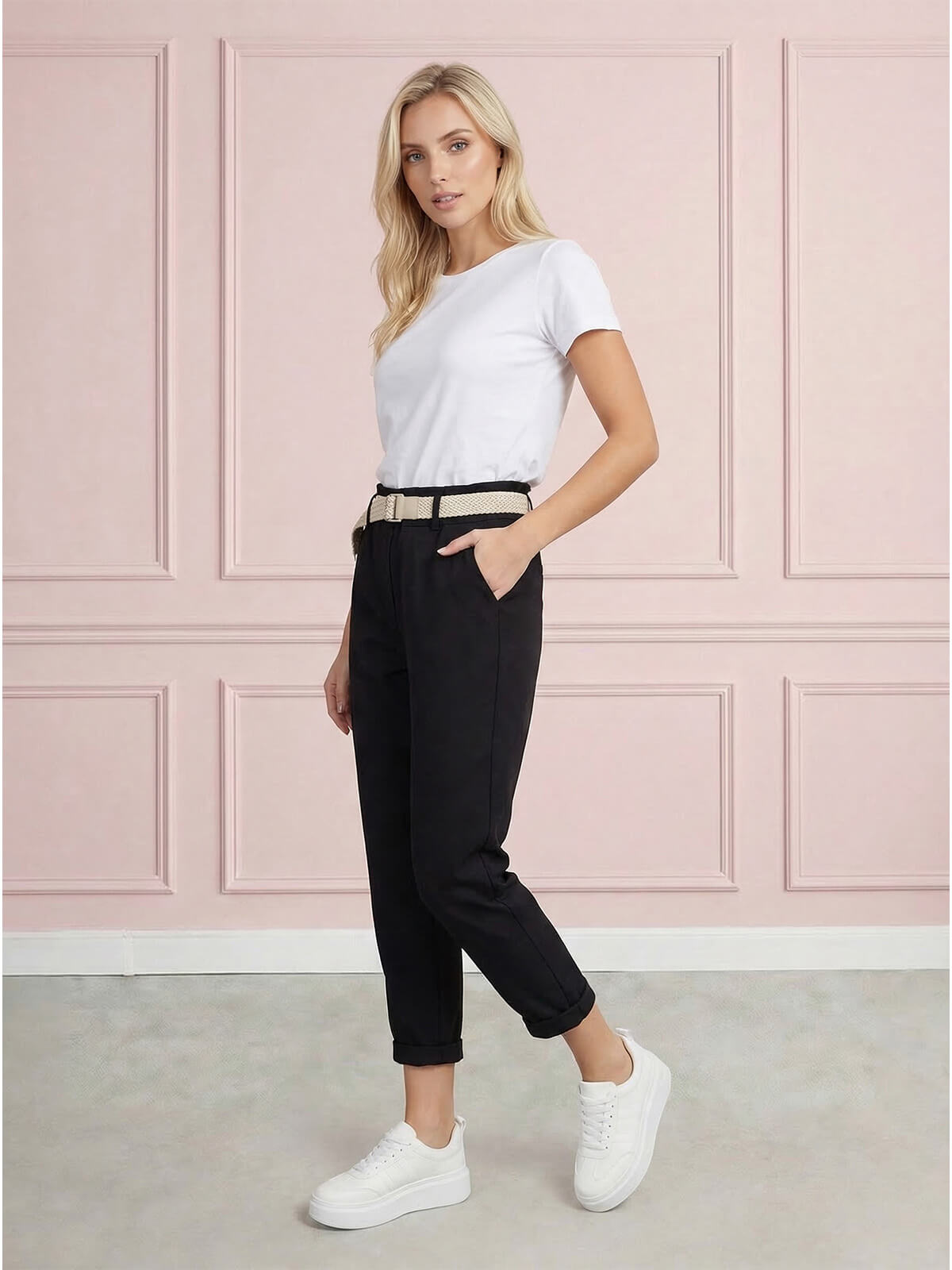 Casualowe spodnie damskie boyfriend 78 z paskiem Czarne - W260485 (1).jpg