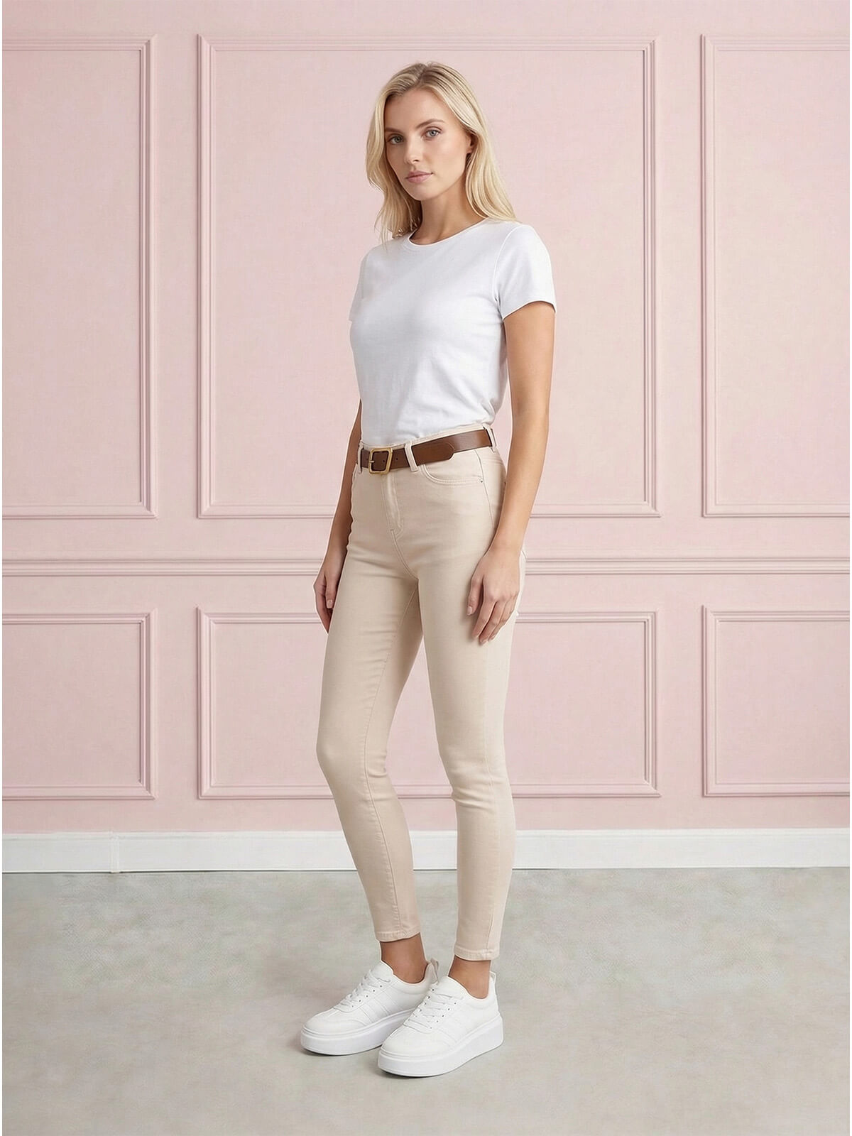 Spodnie jeans damskie M.Sara push up rurki 78 z paskiem J.Beżowe - W260669 (2).jpg