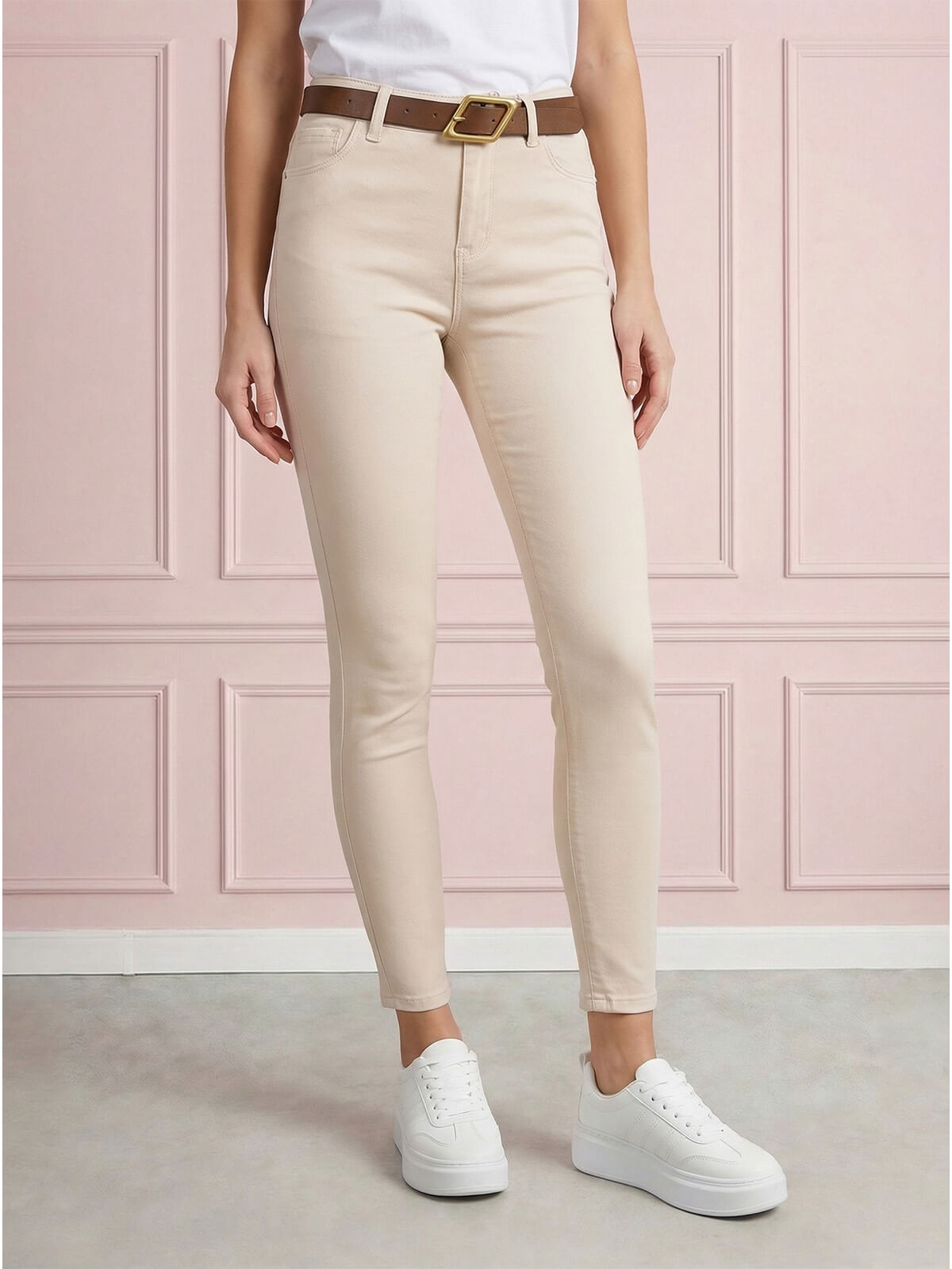 Spodnie jeans damskie M.Sara push up rurki 78 z paskiem J.Beżowe - W260669 (4).jpg