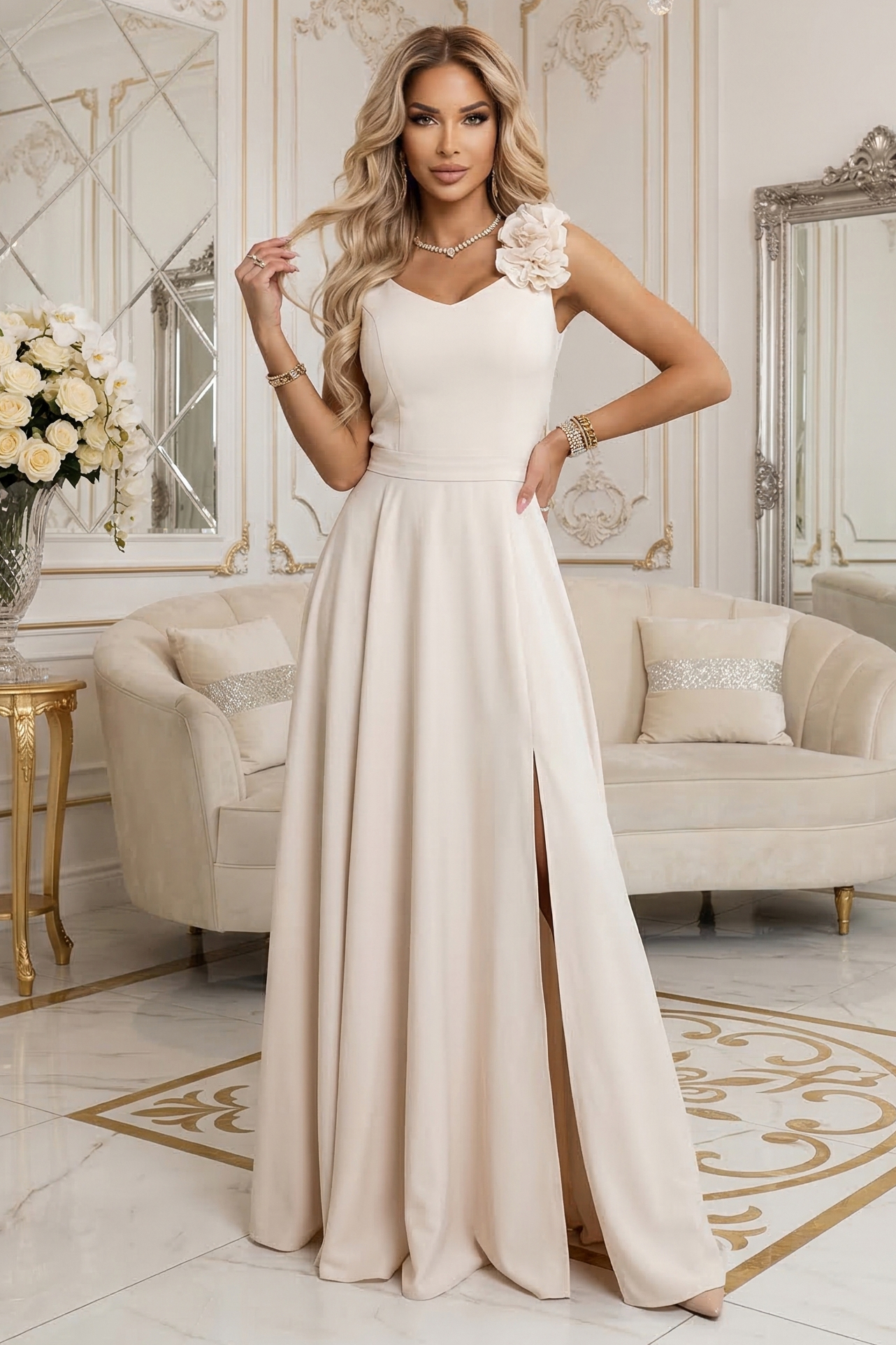 68295643-3 Elegancka wieczorowa suknia maxi z rozcięciem i różami - beżowa-1