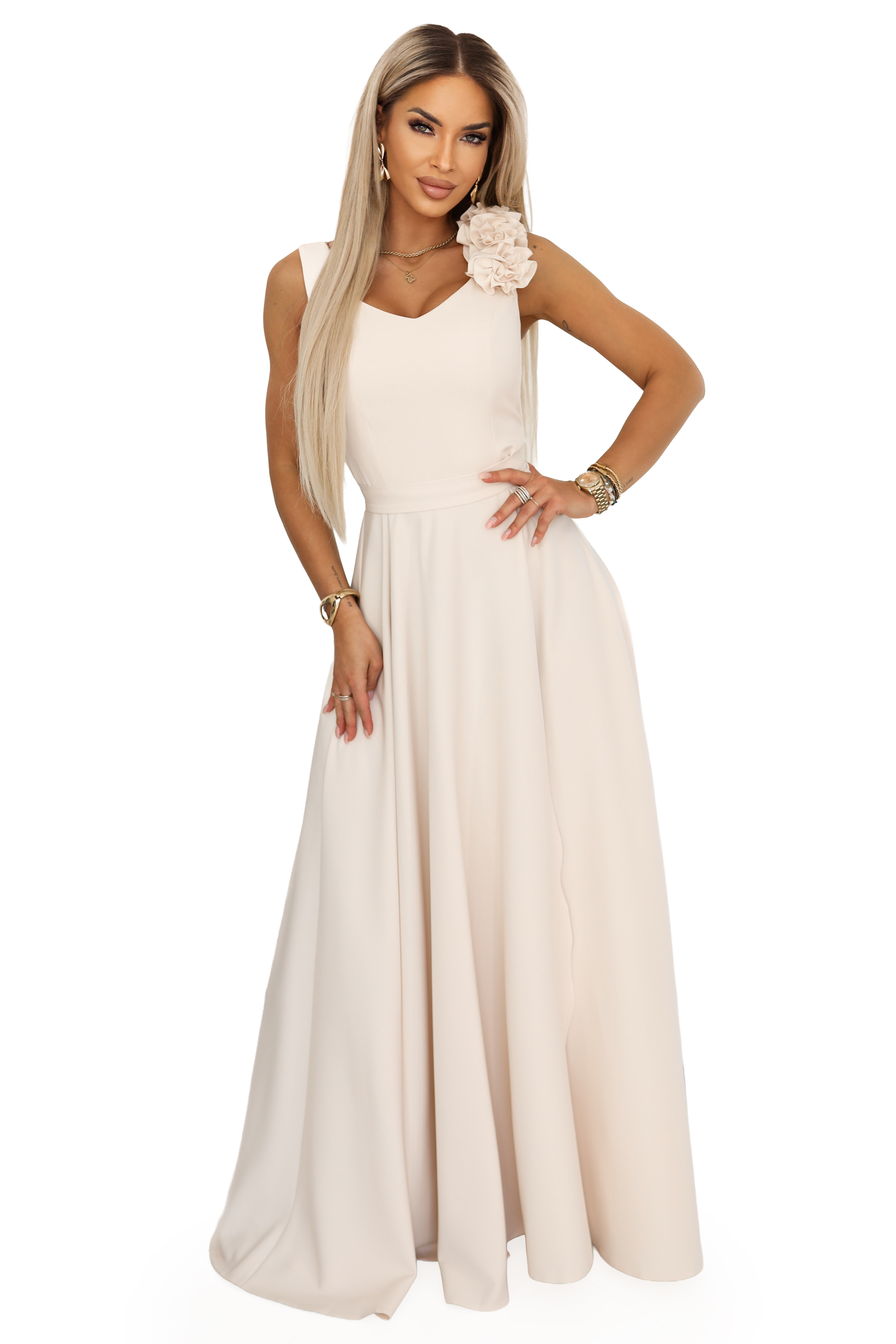 68295643-3 Elegancka wieczorowa suknia maxi z rozcięciem i różami - beżowa-9