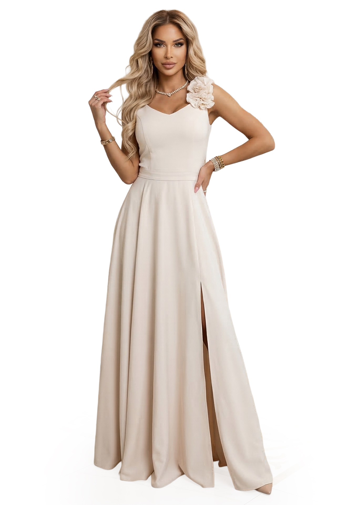 68295643-3 Elegancka wieczorowa suknia maxi z rozcięciem i różami - beżowa-10