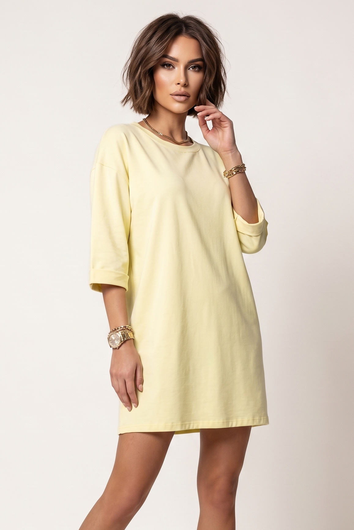 68352666-2 Bawełniana luźna sukienka oversize z krótkim rękawem - masełkowy żółty-6