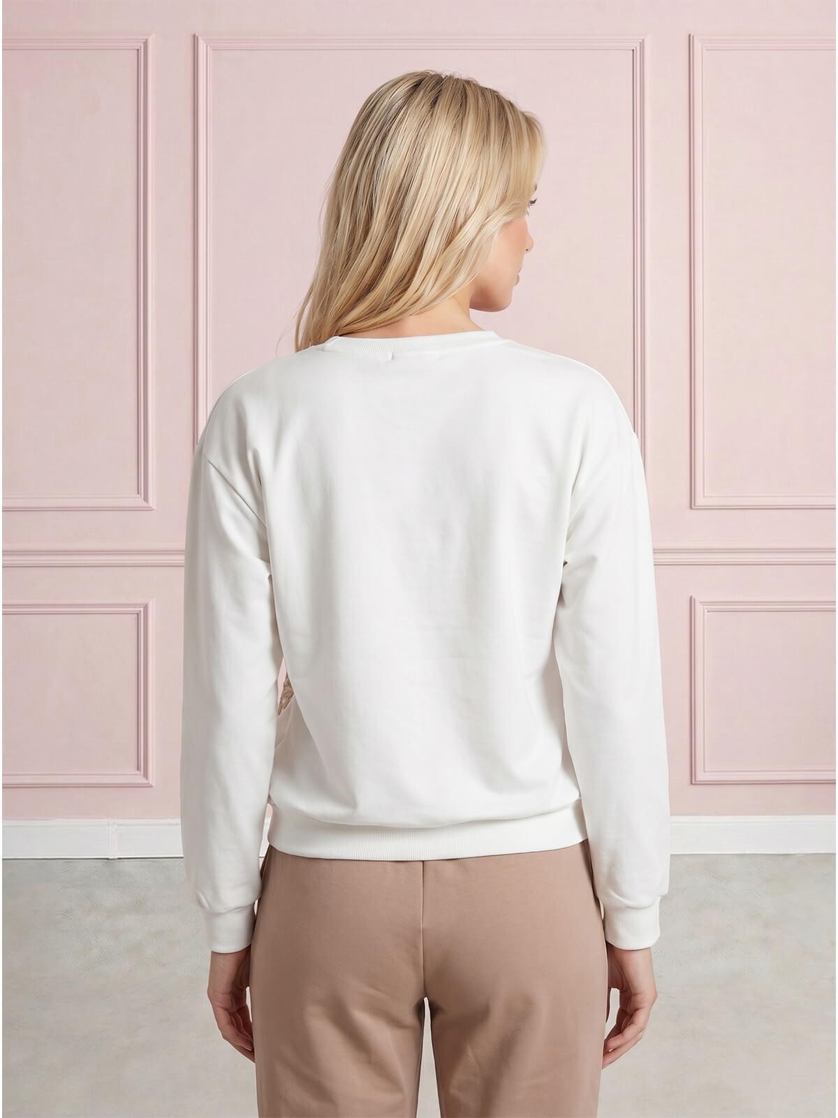 Bluza dresowa damska gipiurowymi kwiatami dżetami, rękaw 34 Śmietankowa - W260691 (5).jpg