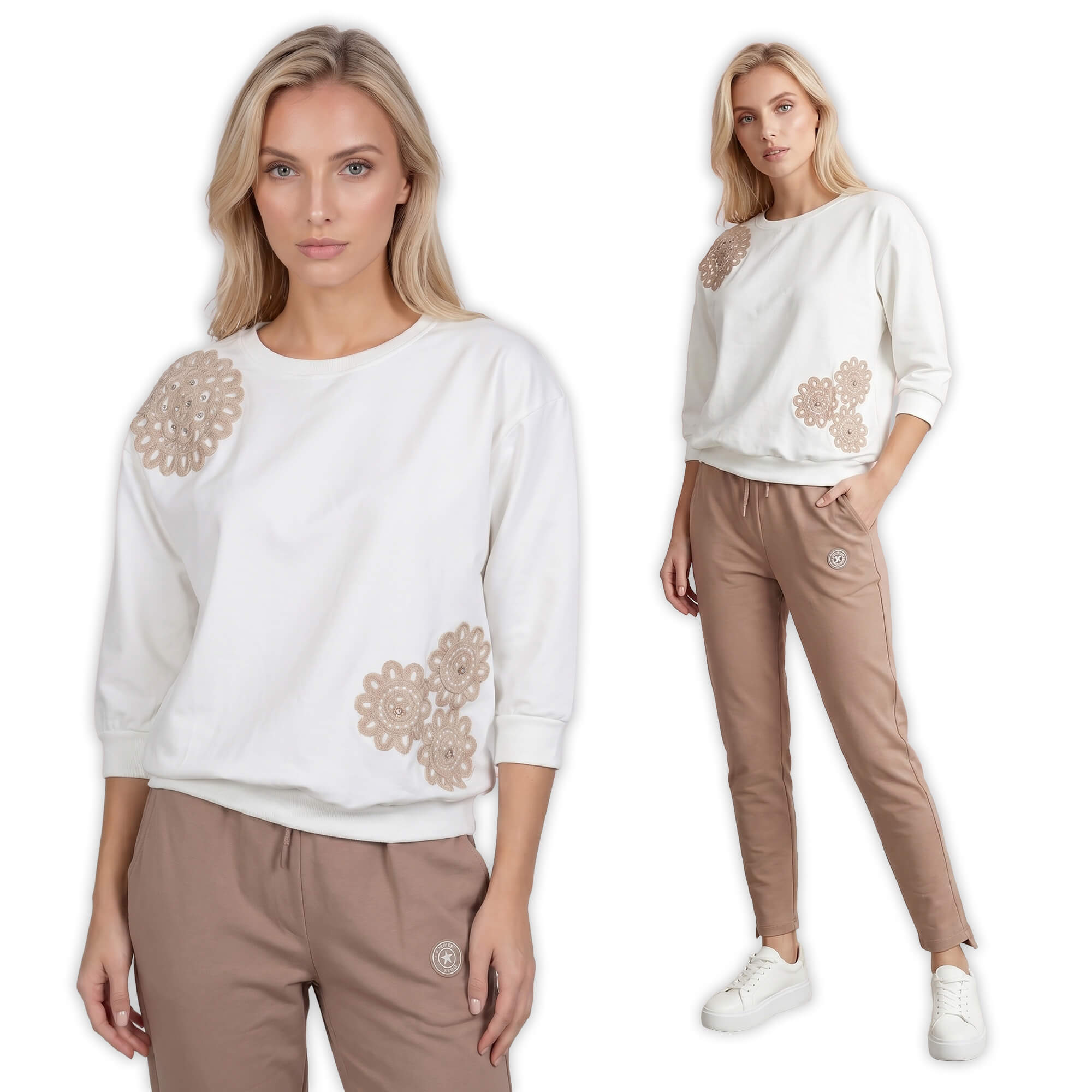 Bluza dresowa damska gipiurowymi kwiatami dżetami, rękaw 34 Śmietankowa - W260691 (6).jpg