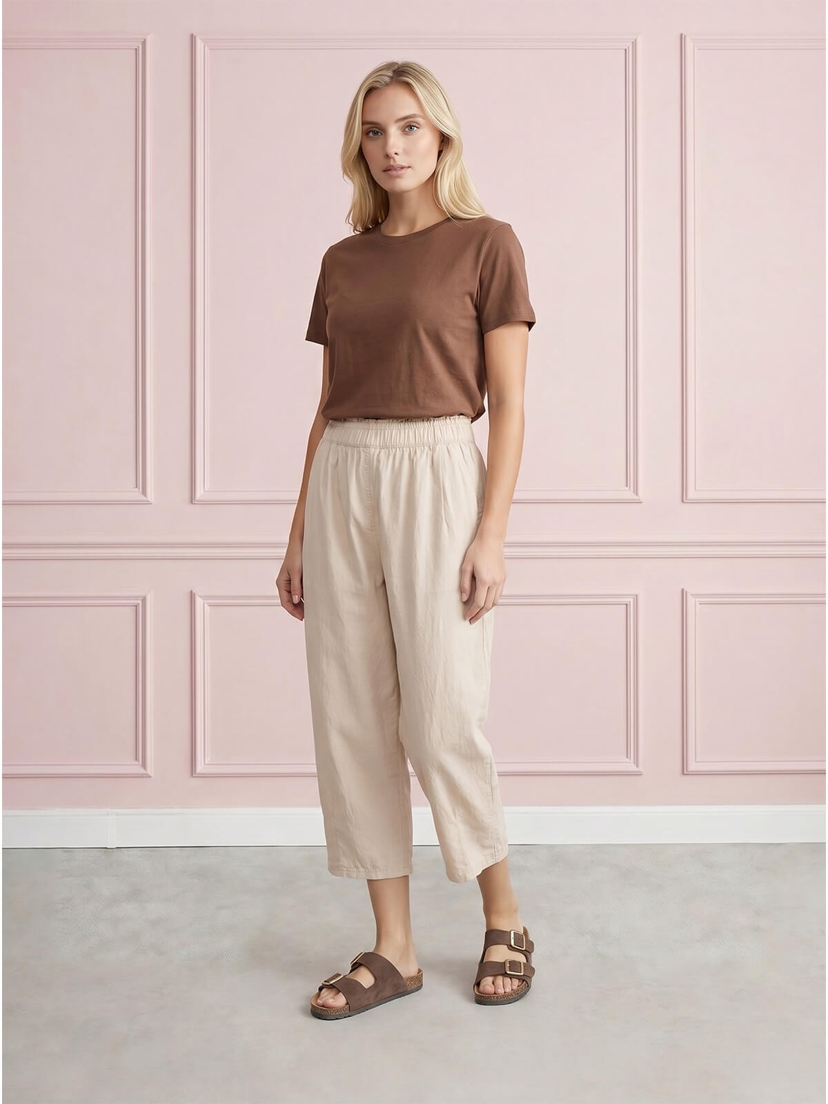 Spodnie damskie balloon 34 rybaczki z wysokim stanem Beżowe - W260964  (1).jpg