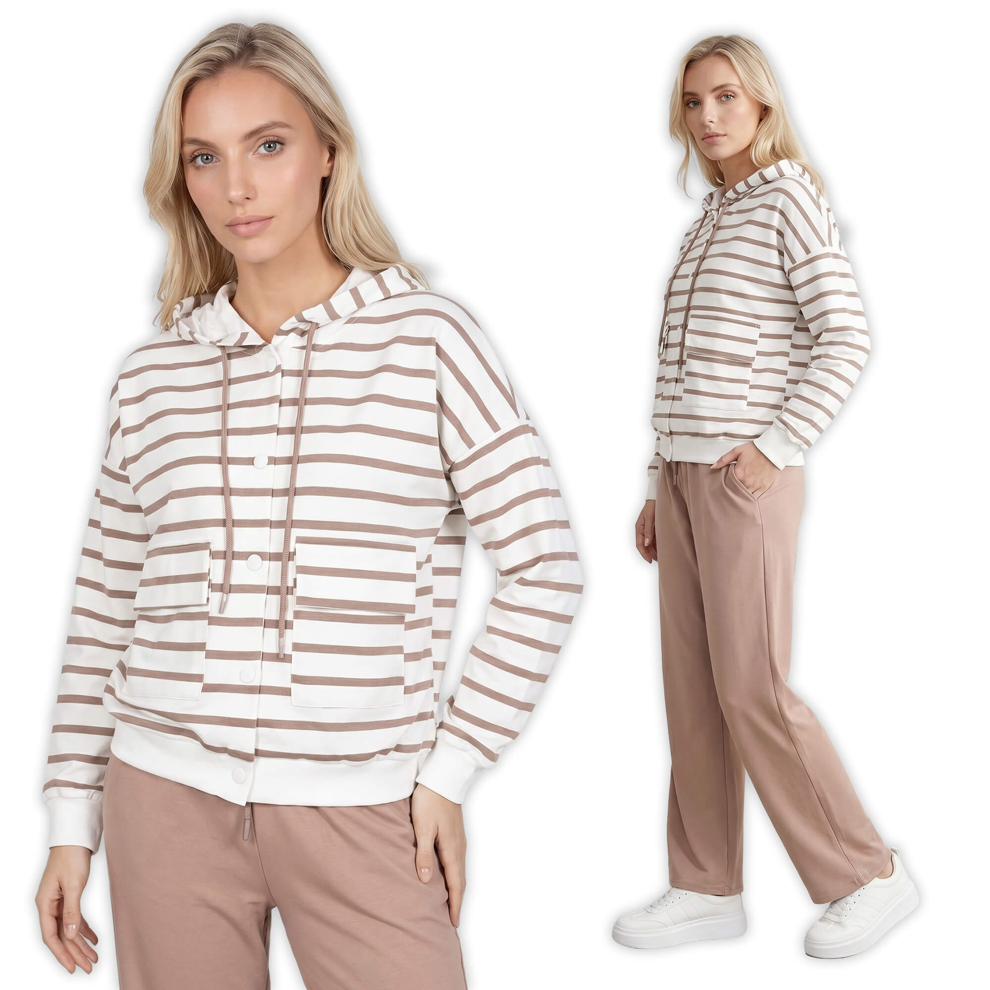 Bluza dresowa damska Megi rozpinana z kapturem w paski ŚmetankowaBeżowa - W260945 (1).jpg