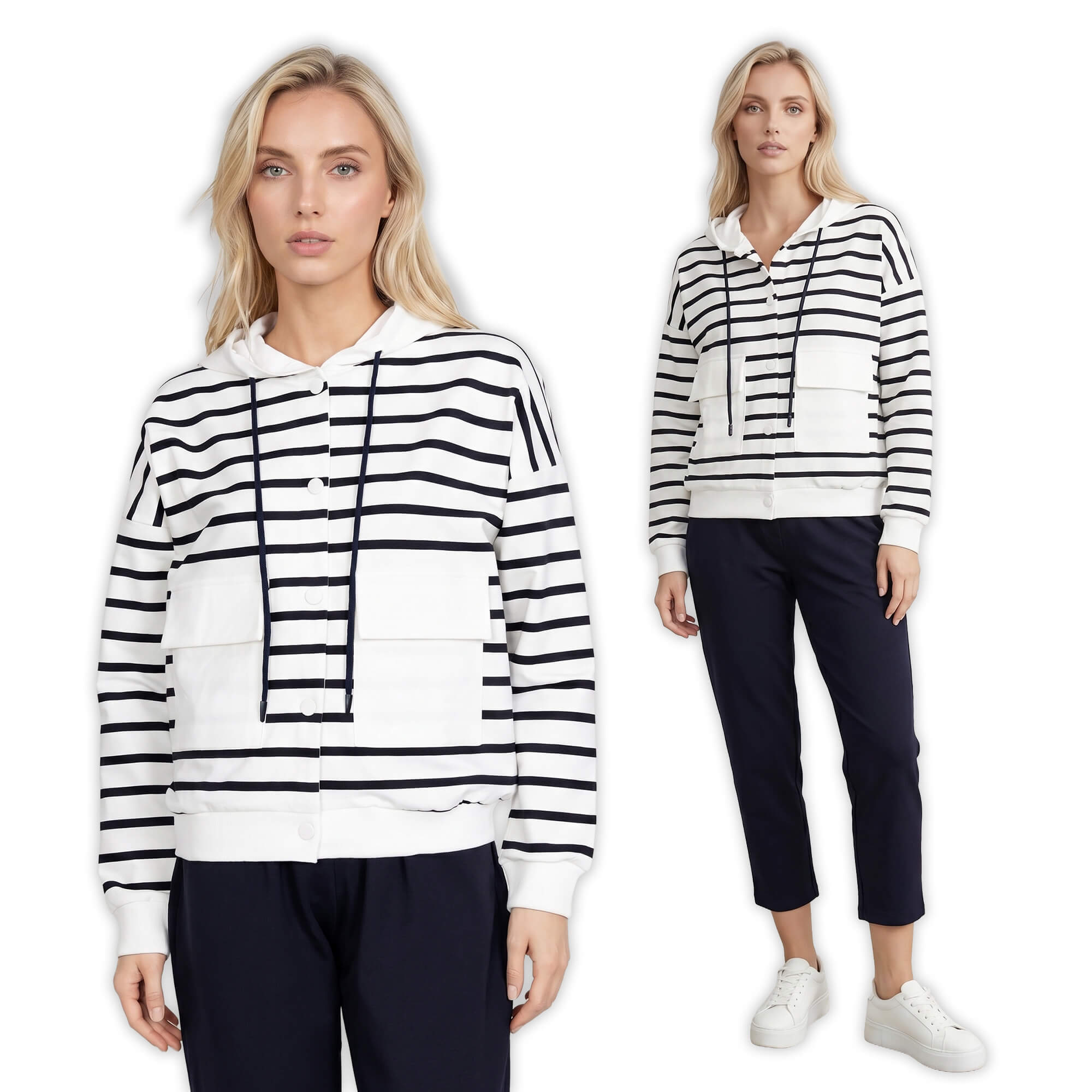 Bluza dresowa damska Megi rozpinana z kapturem w paski ŚmetankowaGranatowa - W260945 (1).jpg