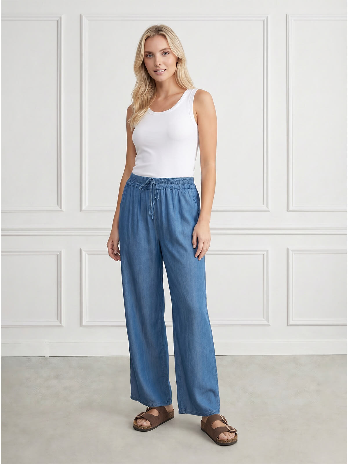 Letnie spodnie palazzo z gumką w pasie Pink Fashion C.Niebieski Jeans - W251132 (2).jpg