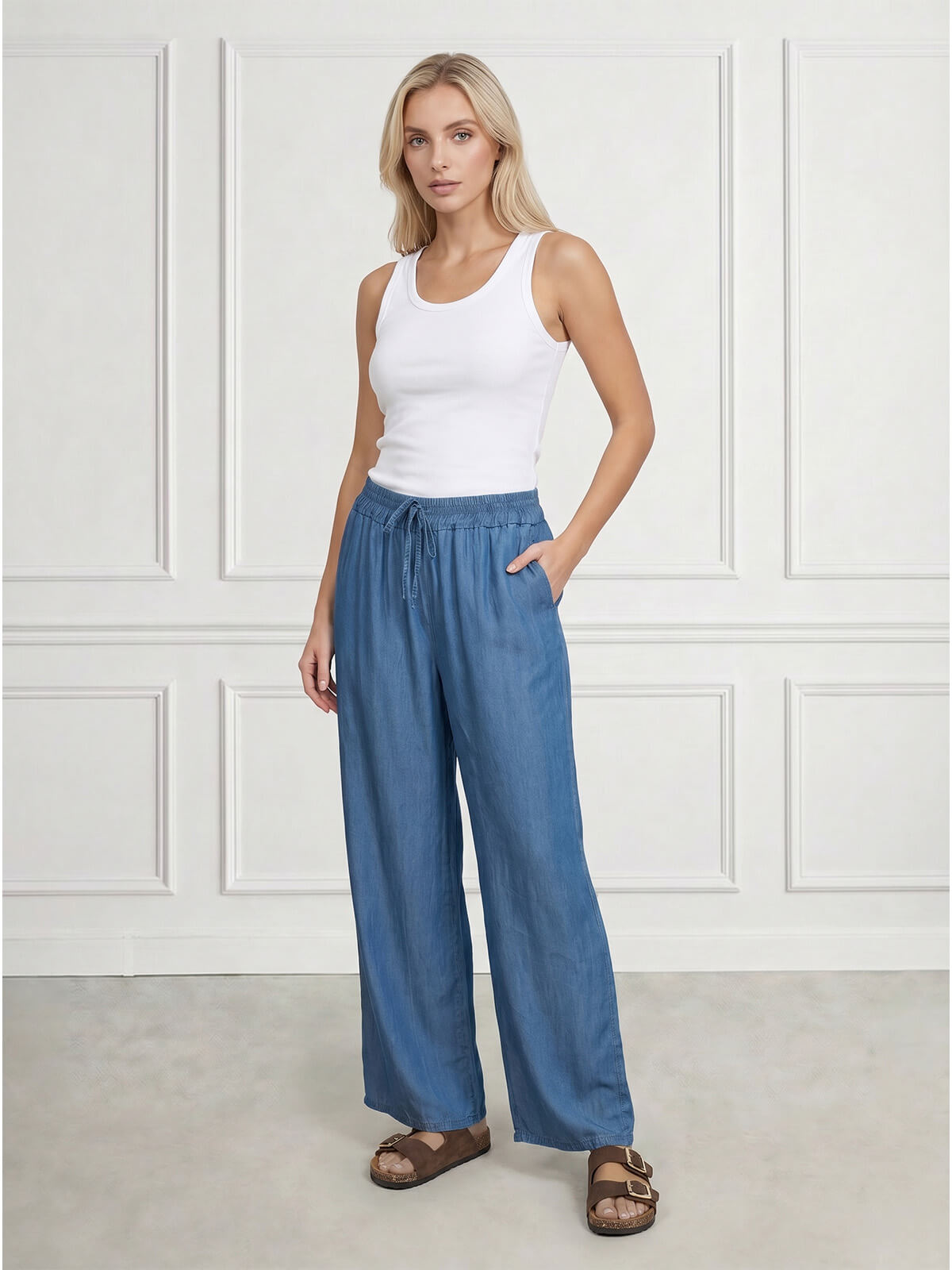Letnie spodnie palazzo z gumką w pasie Pink Fashion C.Niebieski Jeans - W251132 (3).jpg