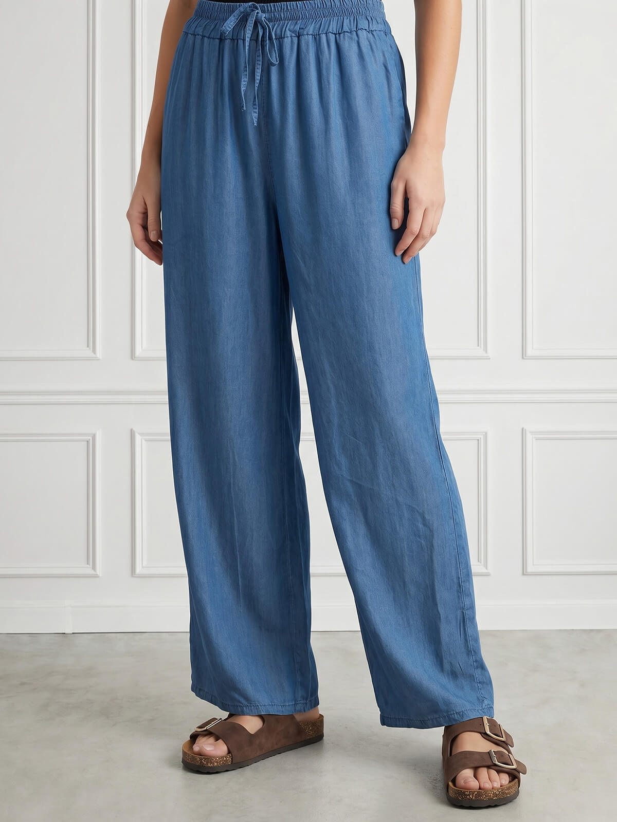 Letnie spodnie palazzo z gumką w pasie Pink Fashion C.Niebieski Jeans - W251132 (5).jpg