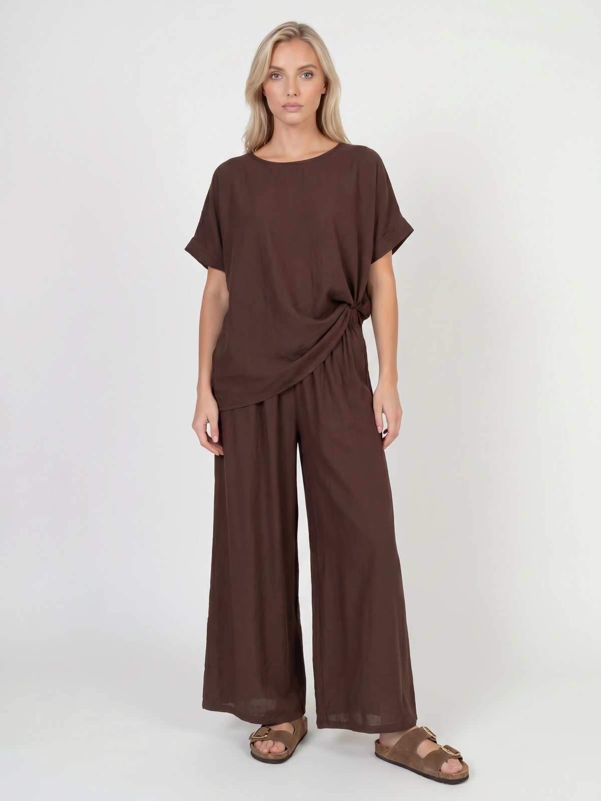 Letni damski komplet Pnk Fashion Bluzka/Spodnie Czekoladowy - W250730