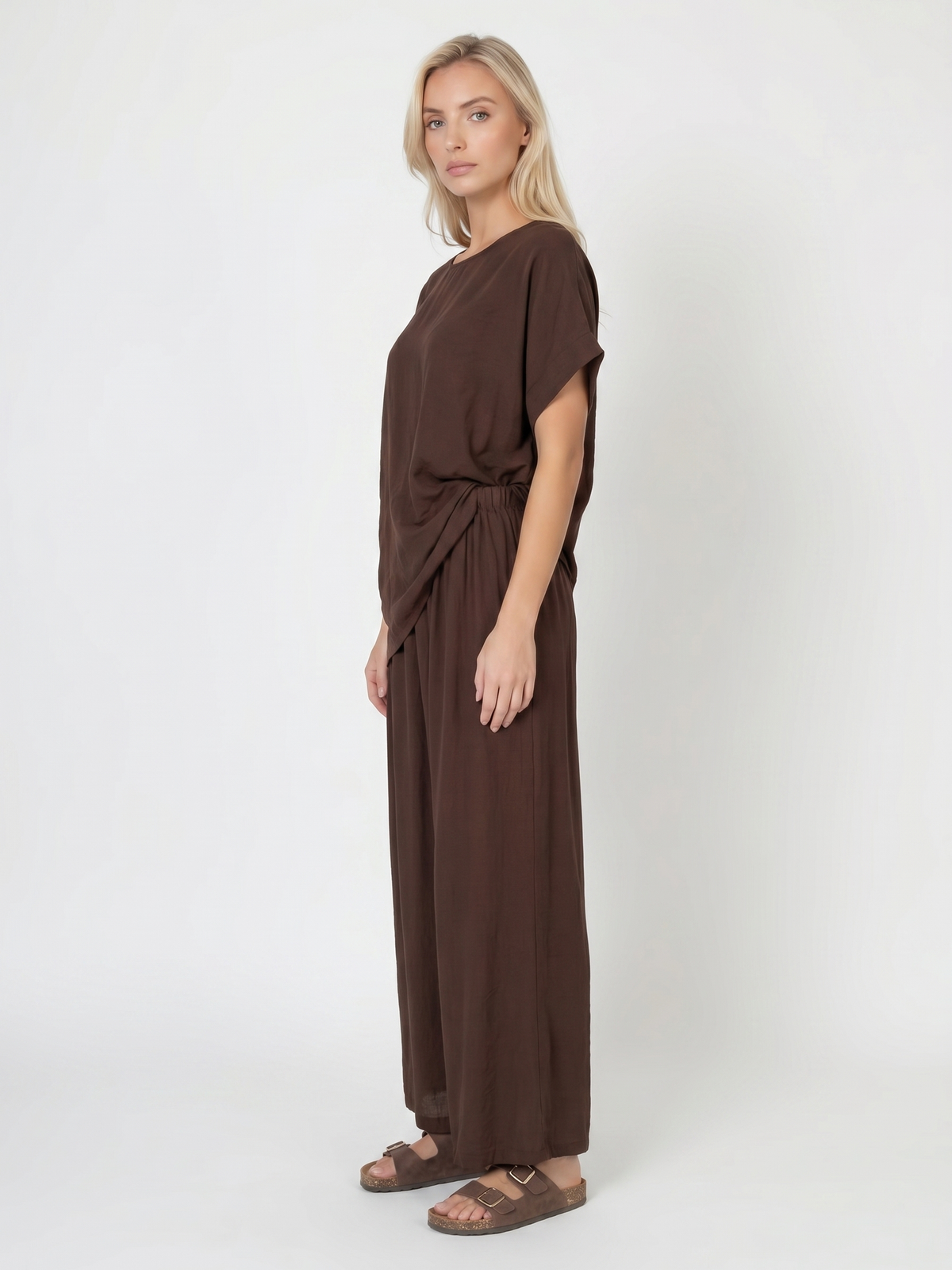 Letni damski komplet Pnk Fashion Bluzka/Spodnie Czekoladowy - W250730