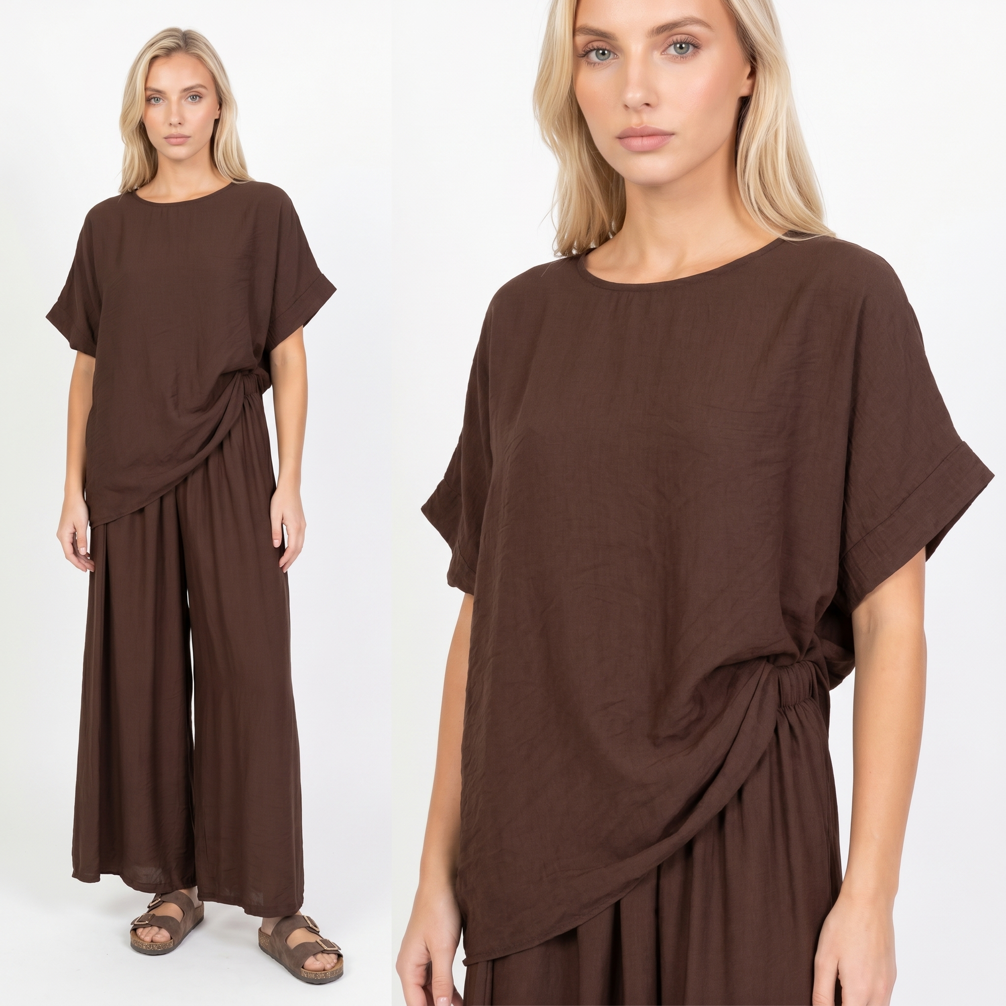 Letni damski komplet Pnk Fashion Bluzka/Spodnie Czekoladowy - W250730