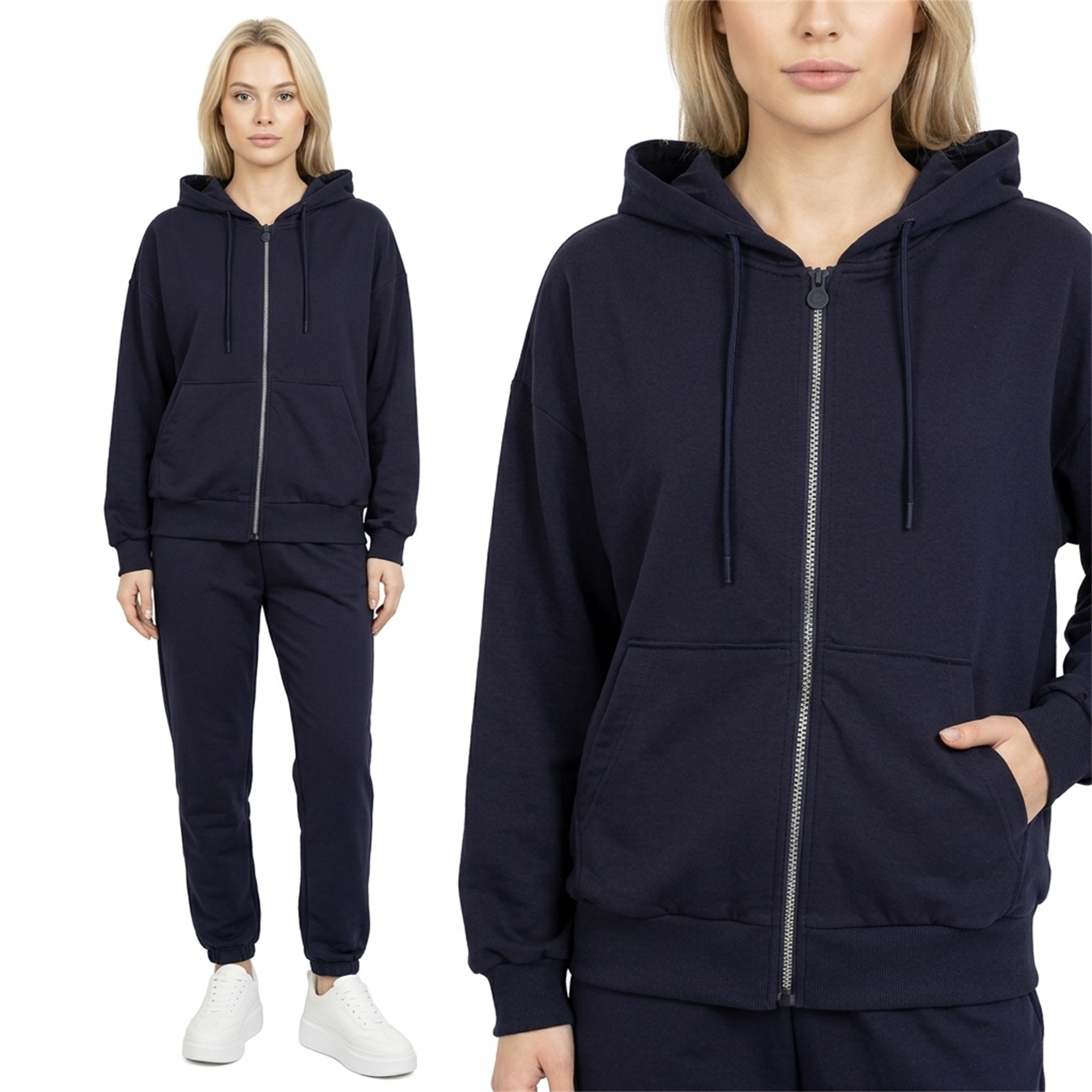 Bluza damska Megi kangurka rozpinana z kapturem Granatowa - W261133