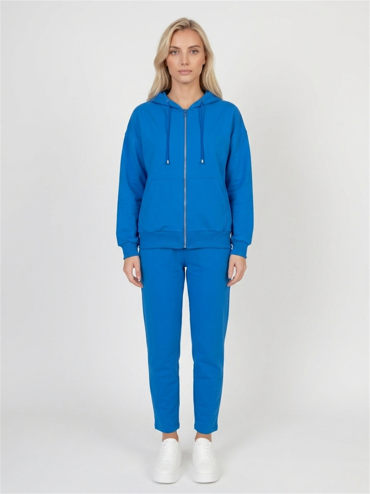 Bluza damska Megi kangurka rozpinana z kapturem Kobaltowa - W261133