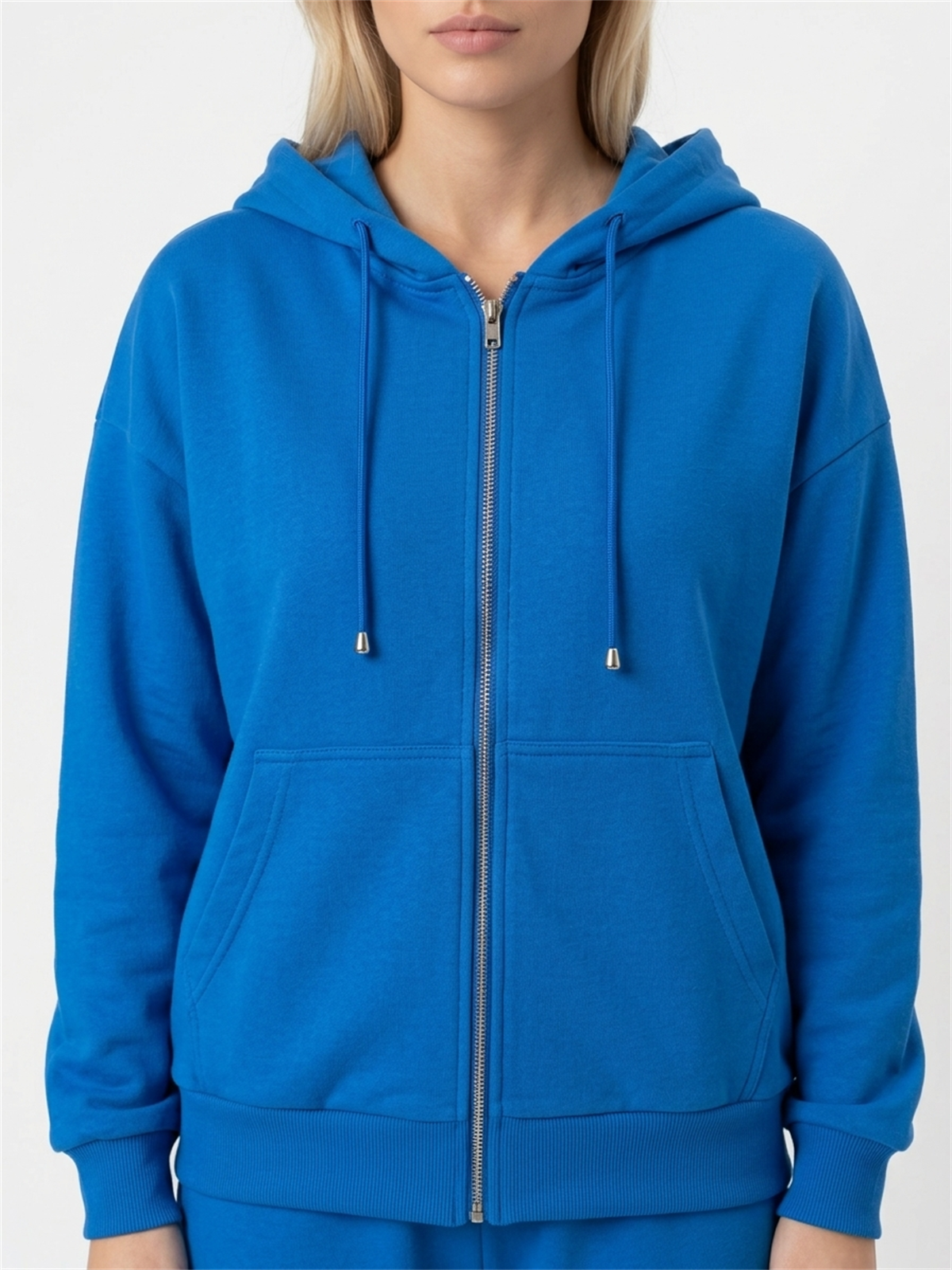 Bluza damska Megi kangurka rozpinana z kapturem Kobaltowa - W261133