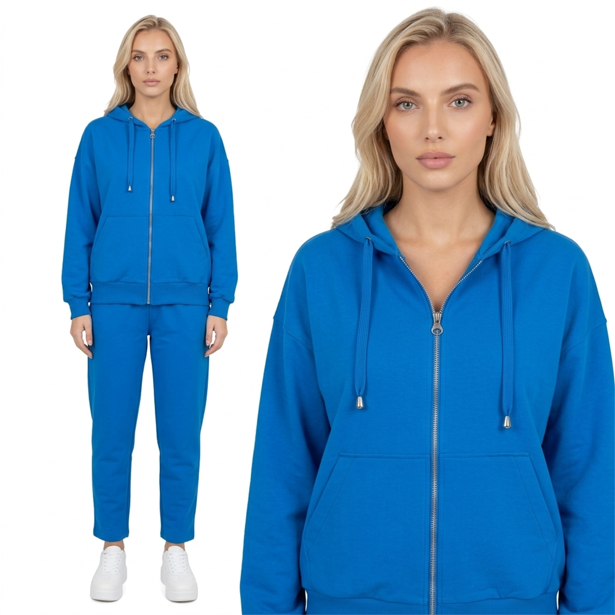 Bluza damska Megi kangurka rozpinana z kapturem Kobaltowa - W261133