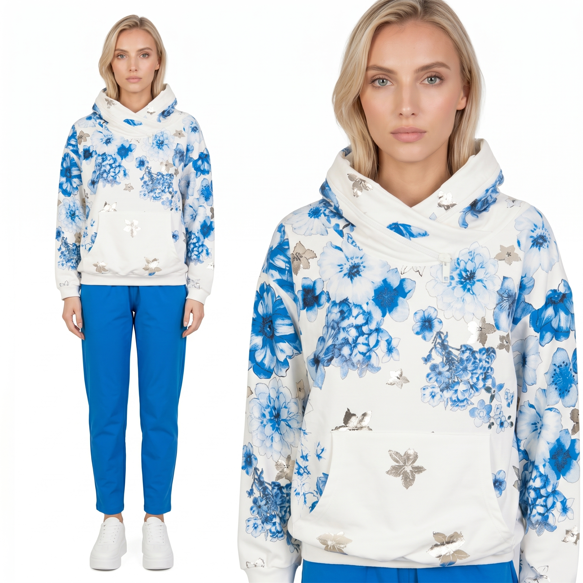 Bluza damska Megi z kapturem Śmietankowa/Kobaltowa w kwiaty - J260028
