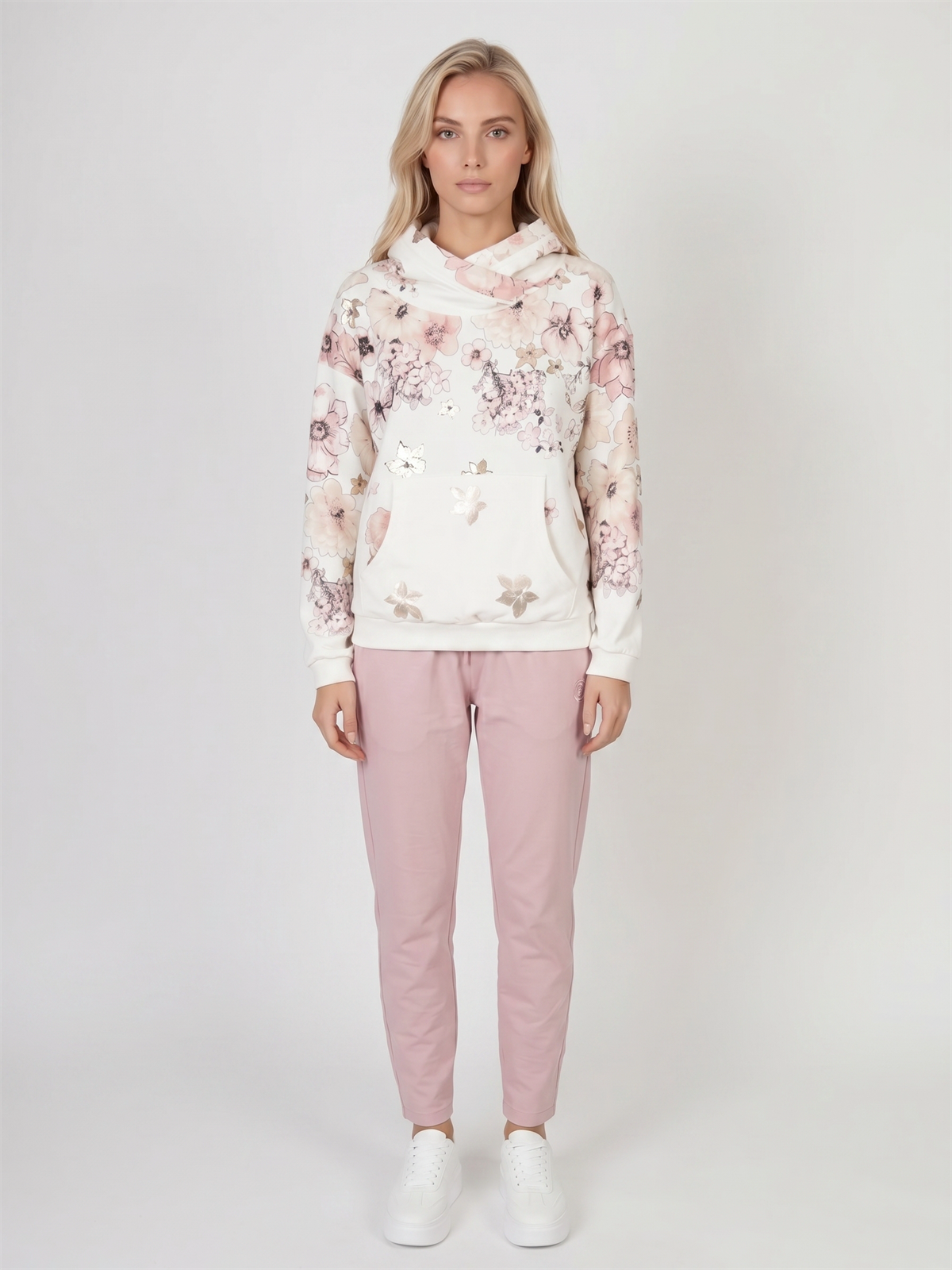 Bluza damska Megi z kapturem Śmietankowa/Różowa w kwiaty - J260028