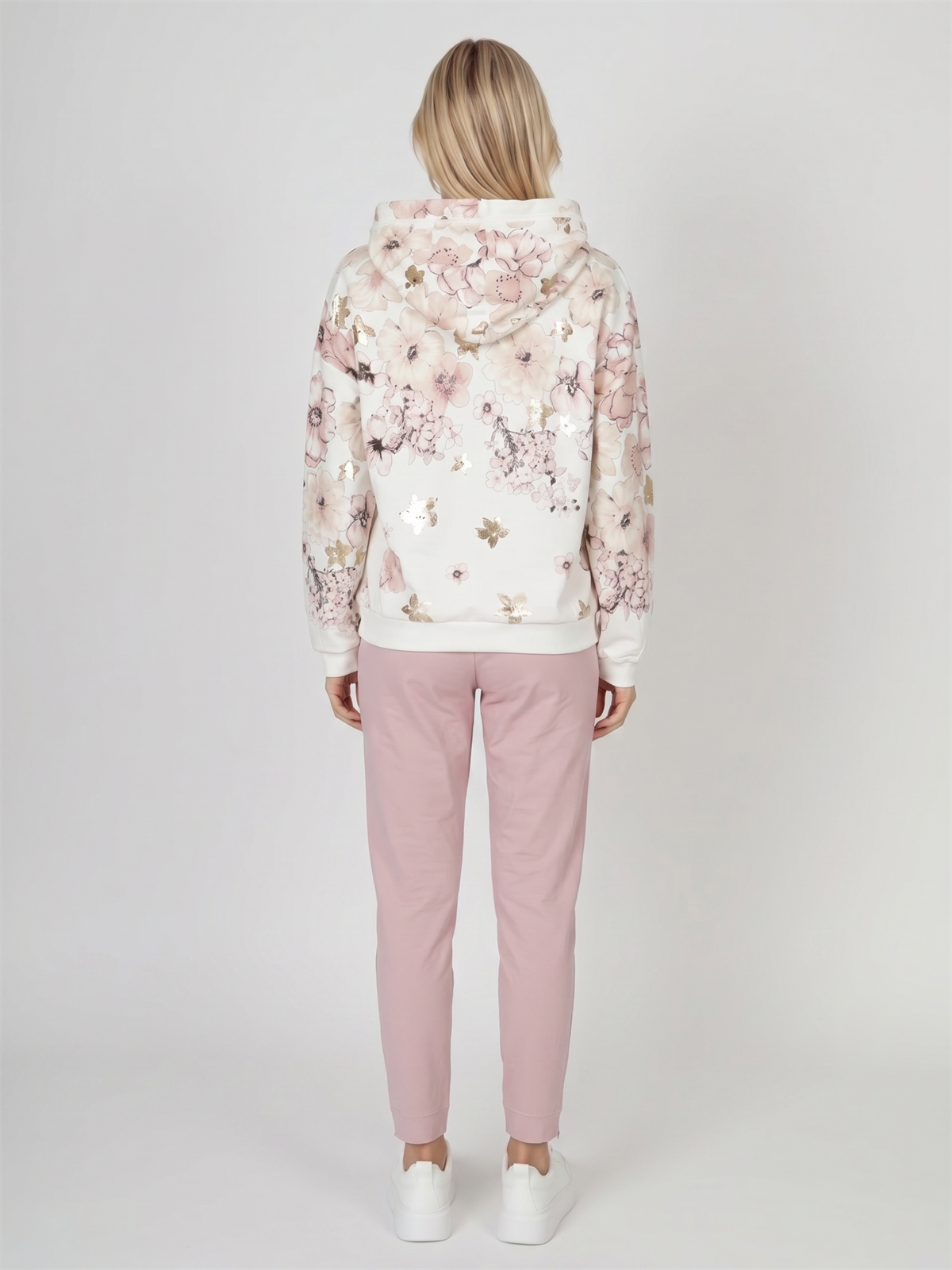Bluza damska Megi z kapturem Śmietankowa/Różowa w kwiaty - J260028