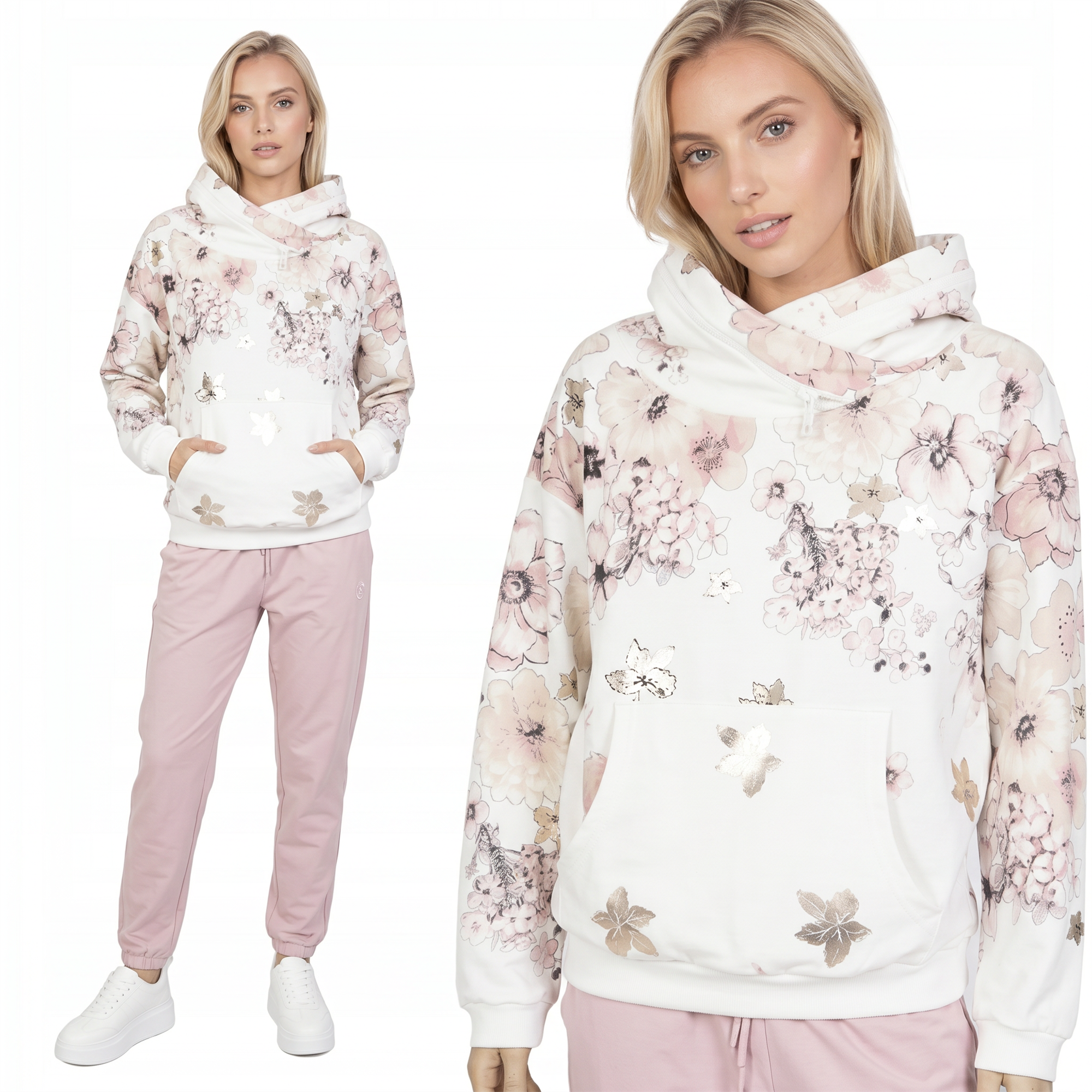 Bluza damska Megi z kapturem Śmietankowa/Różowa w kwiaty - J260028