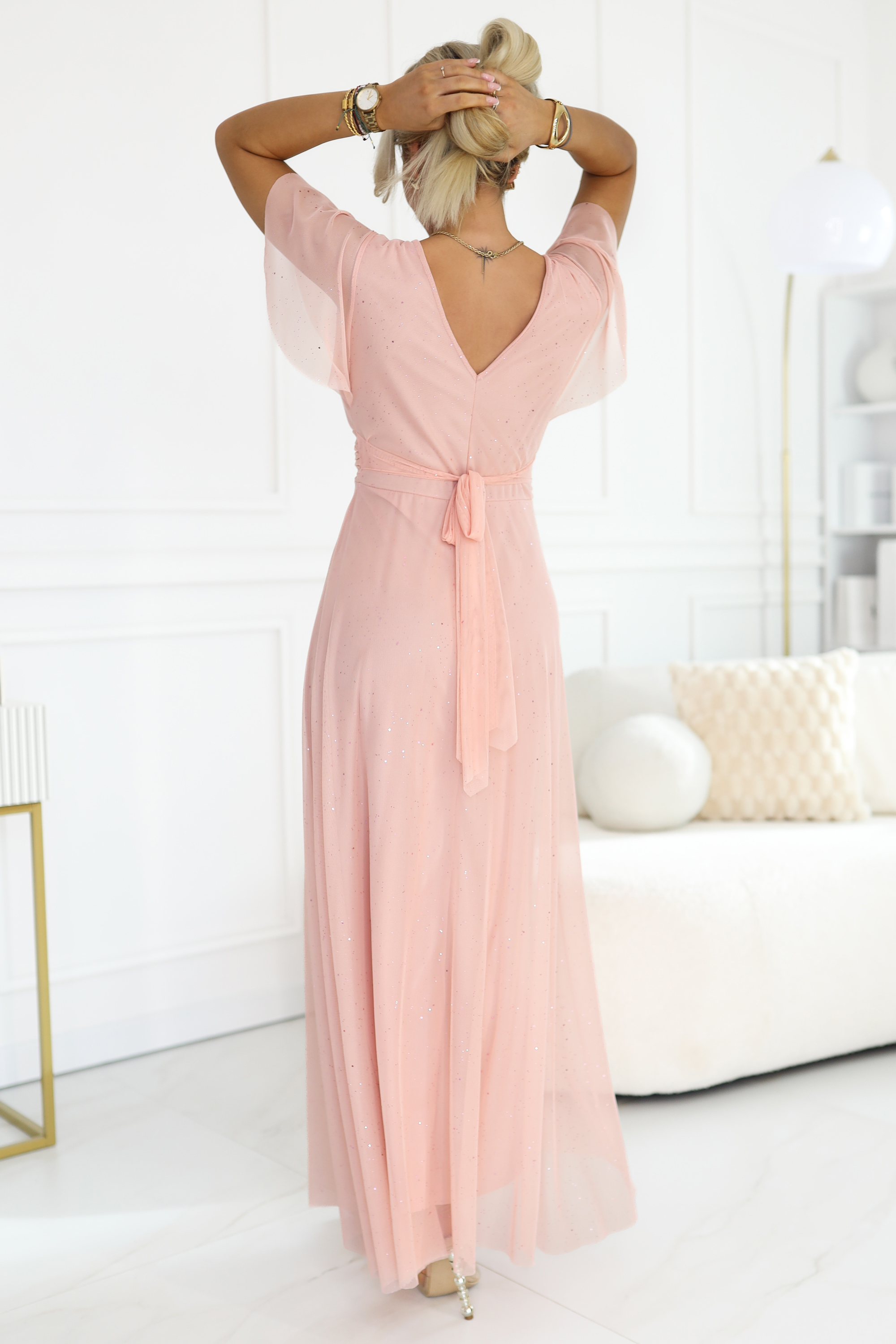 635-7 MELANIA Long Shimmering Dress with Neckline and Short Sleeve - Peach-3 68452 