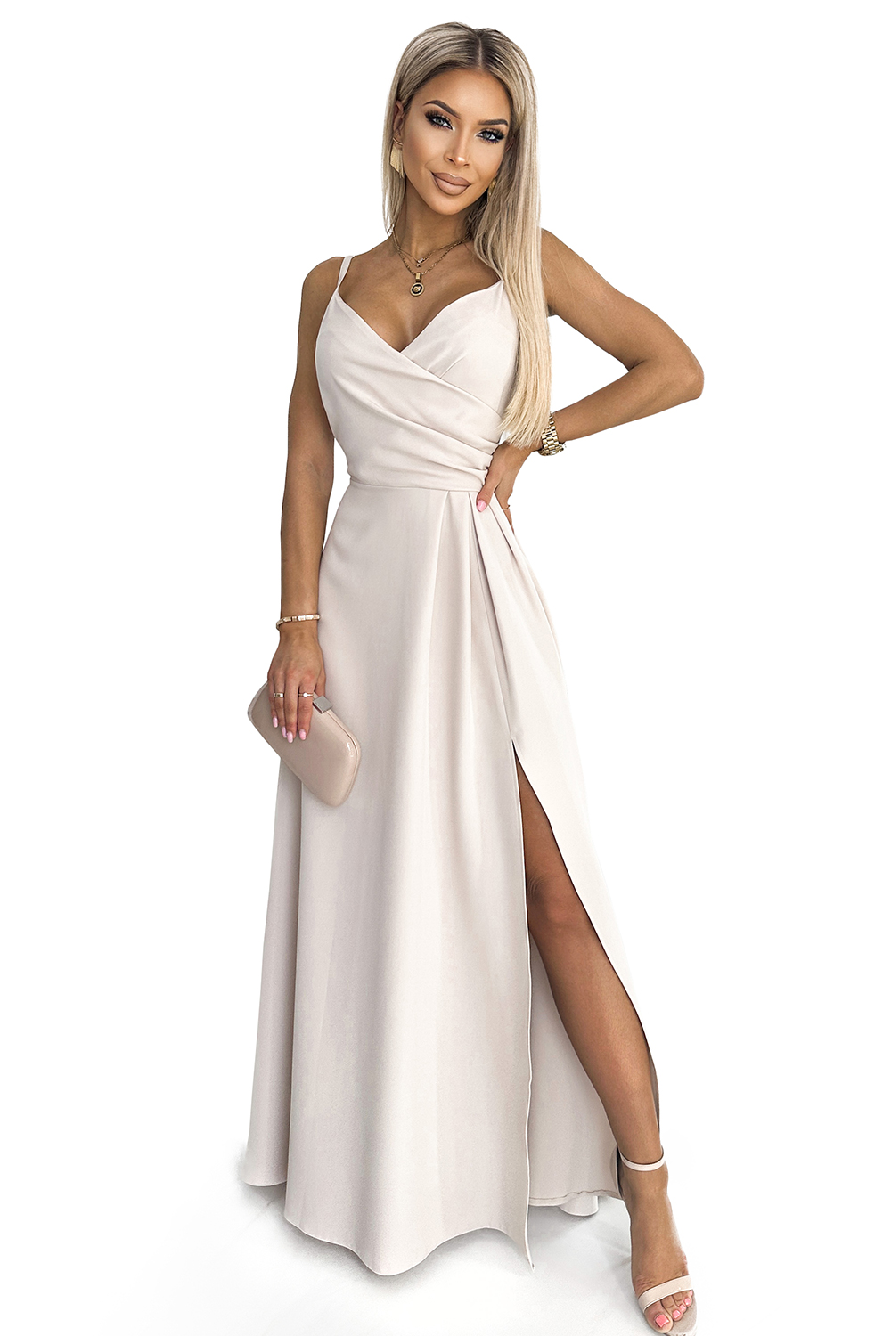 299-6 CHIARA elegancka maxi długa suknia na ramiączkach - BEŻOWA-7 68464 