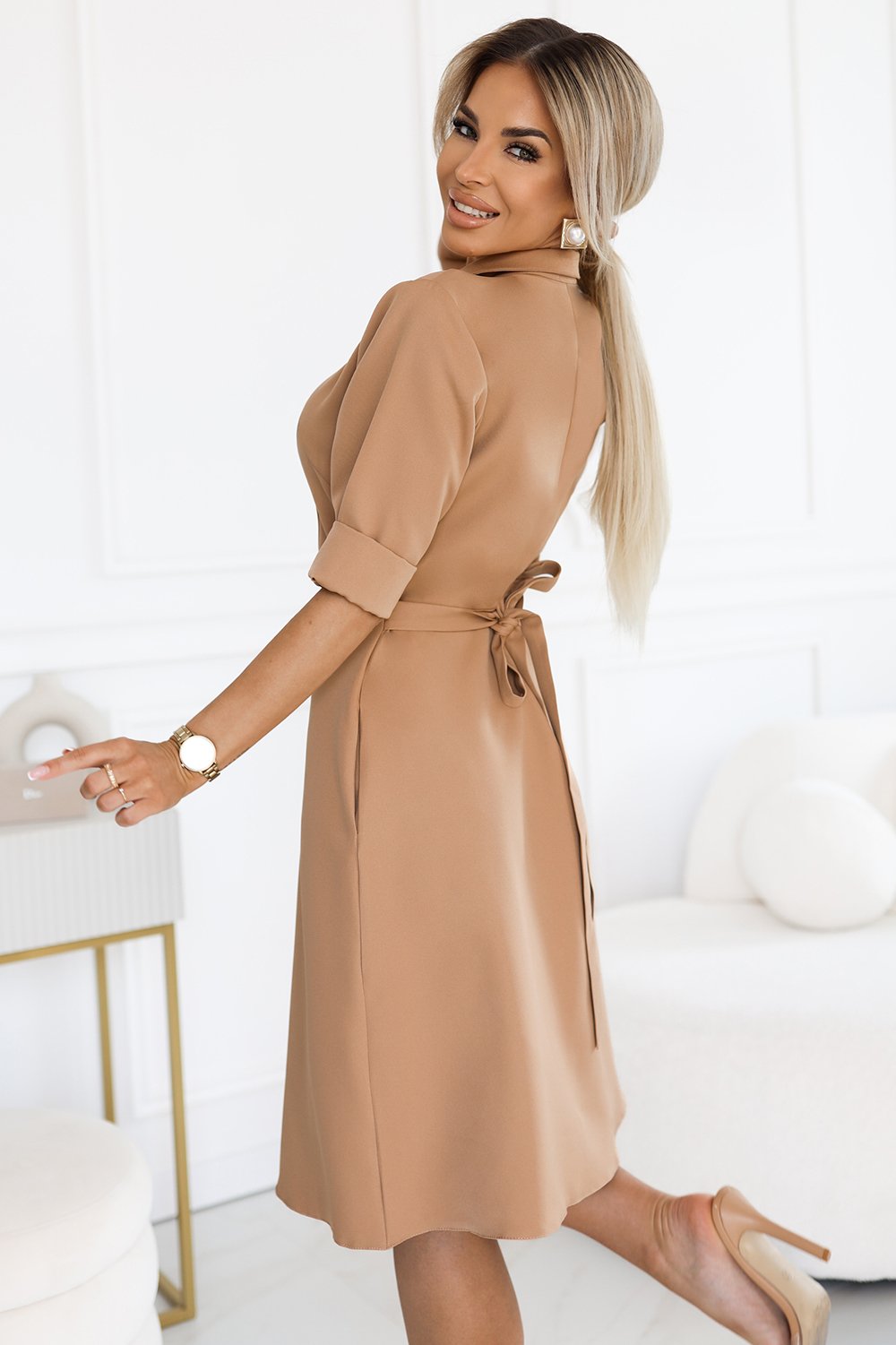 286-8 SANDY Koszulowa rozkloszowana sukienka z paskiem - MOCHA MOUSSE-3 68470 