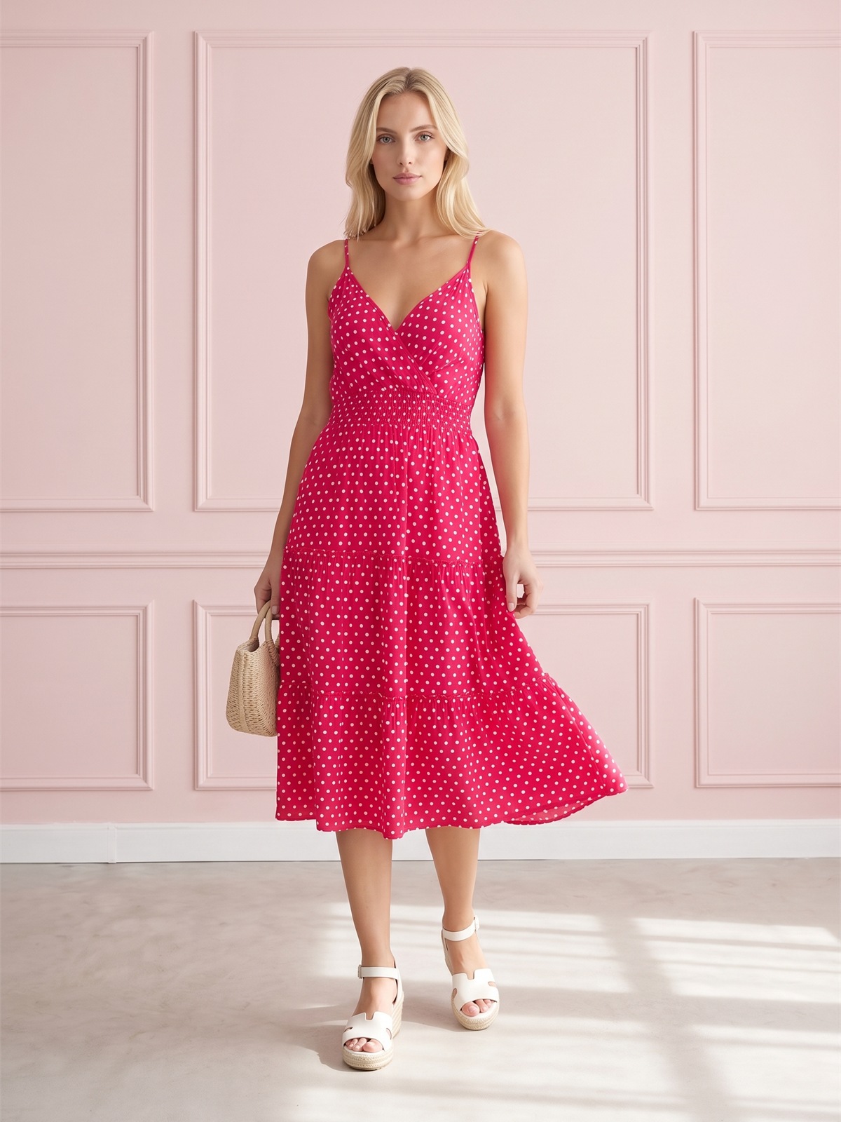 Letnia sukienka midi na ramiączka w groszki Pink Fashion Różowa - W261351