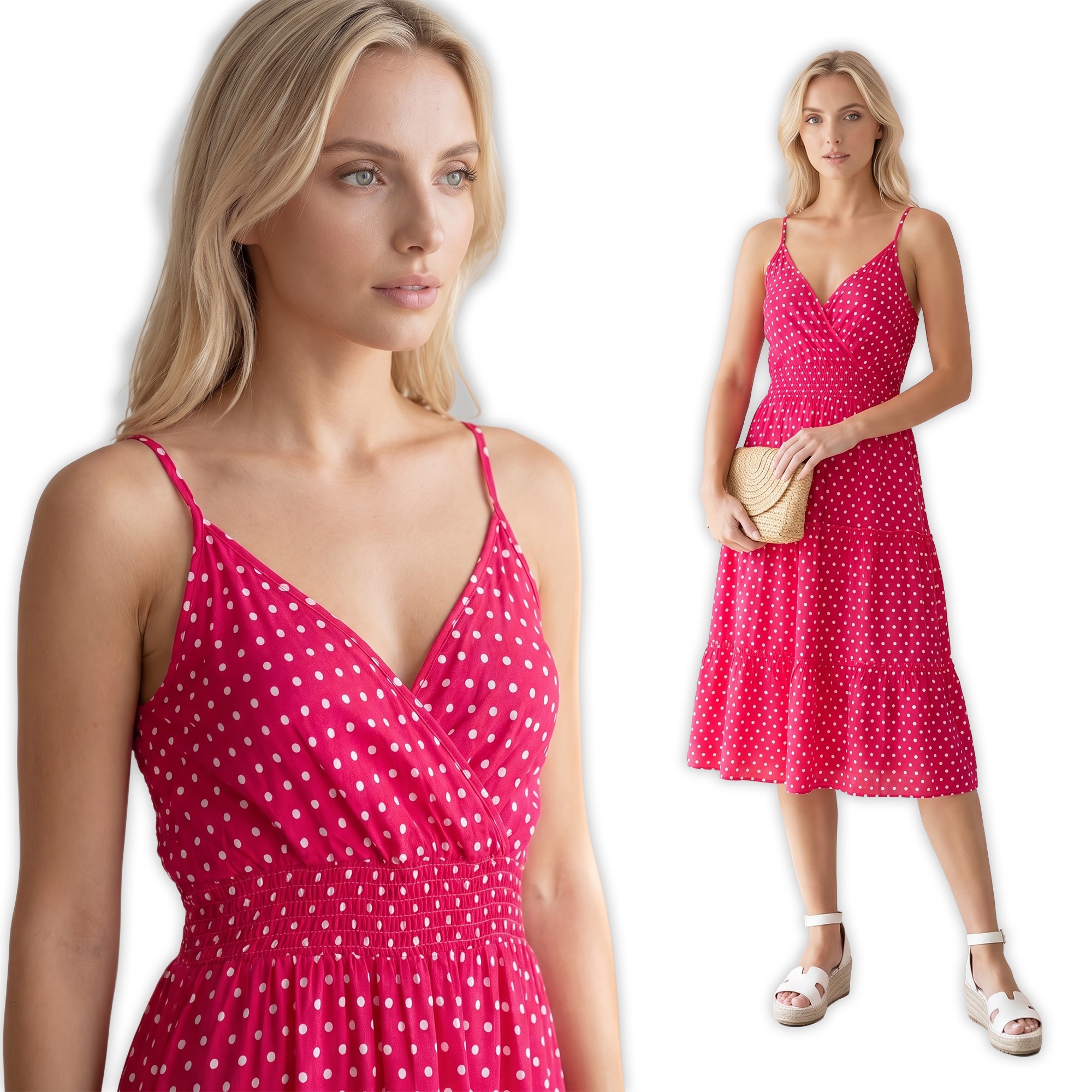 Letnia sukienka midi na ramiączka w groszki Pink Fashion Różowa - W261351