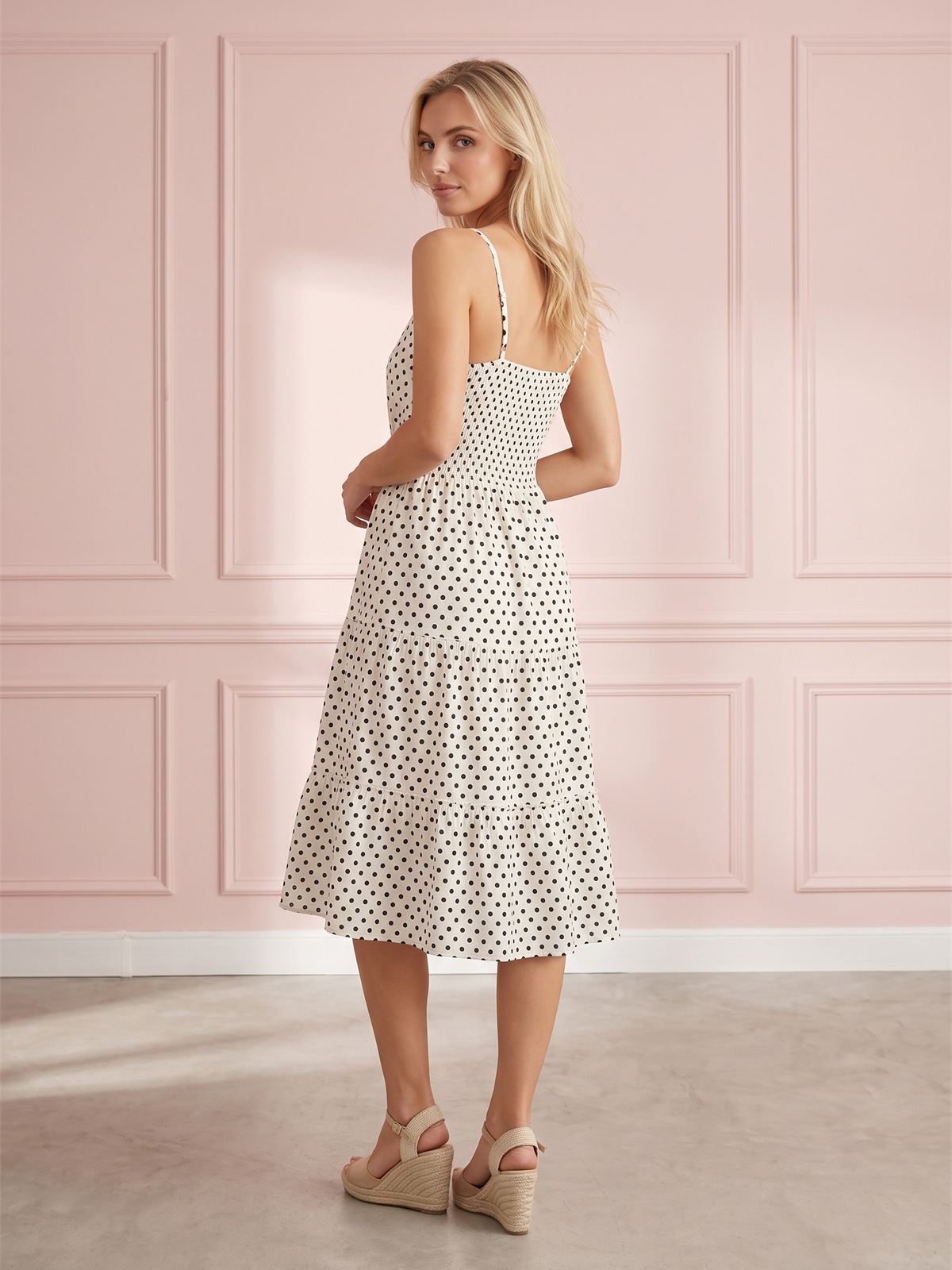 Letnia sukienka midi na ramiączka w groszki Pink Fashion Ecru - W261351