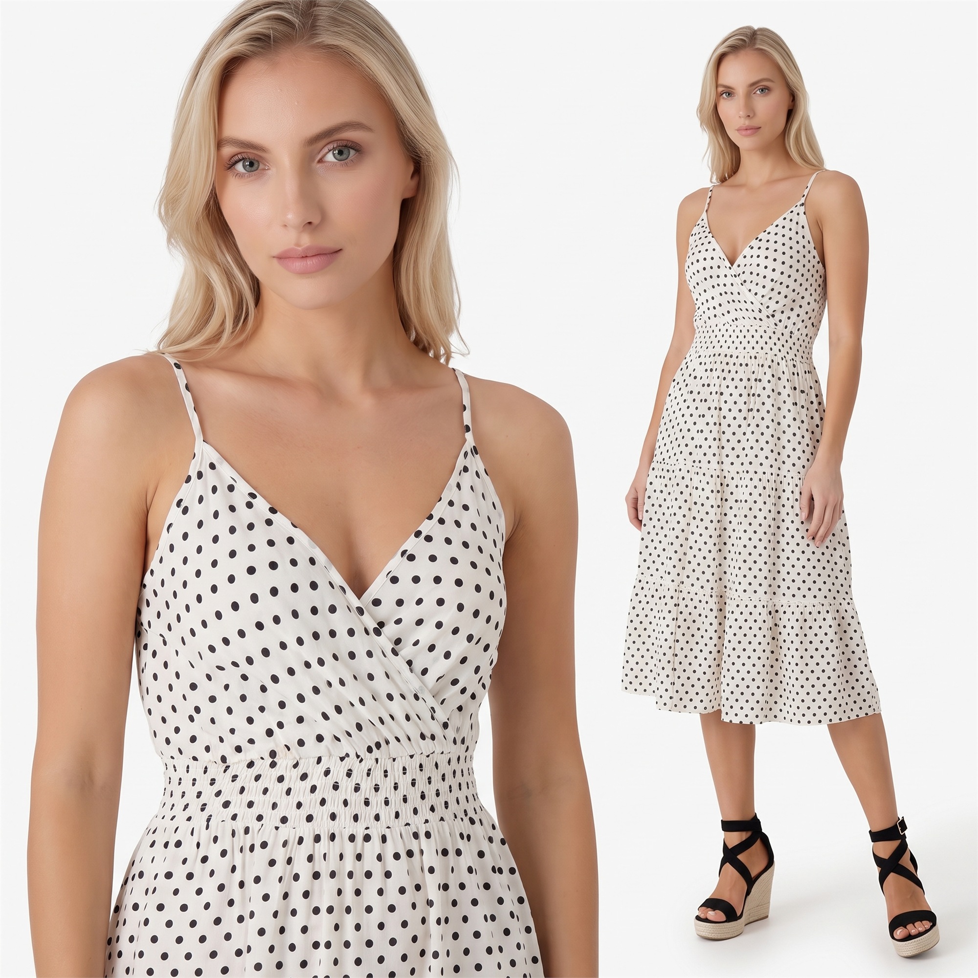 Letnia sukienka midi na ramiączka w groszki Pink Fashion Ecru - W261351