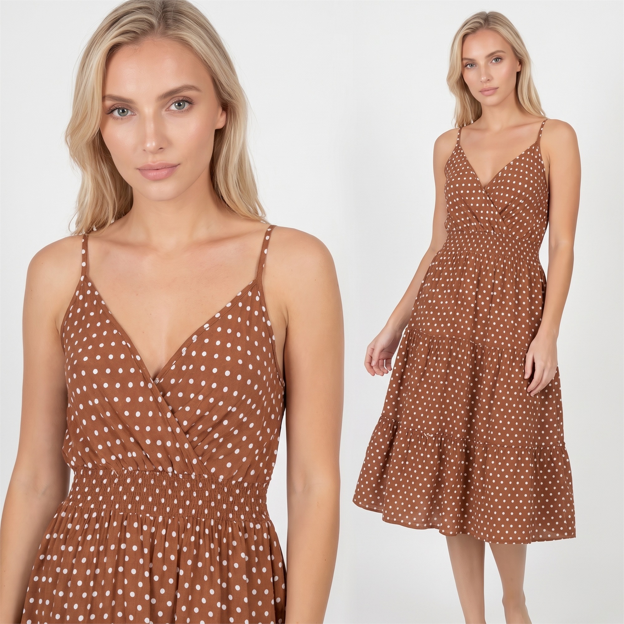 Letnia sukienka midi na ramiączka w groszki Pink Fashion Brązowy - W261351