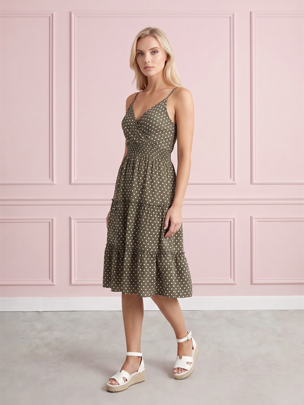 Letnia sukienka midi na ramiączka w groszki Pink Fashion Khaki - W261351