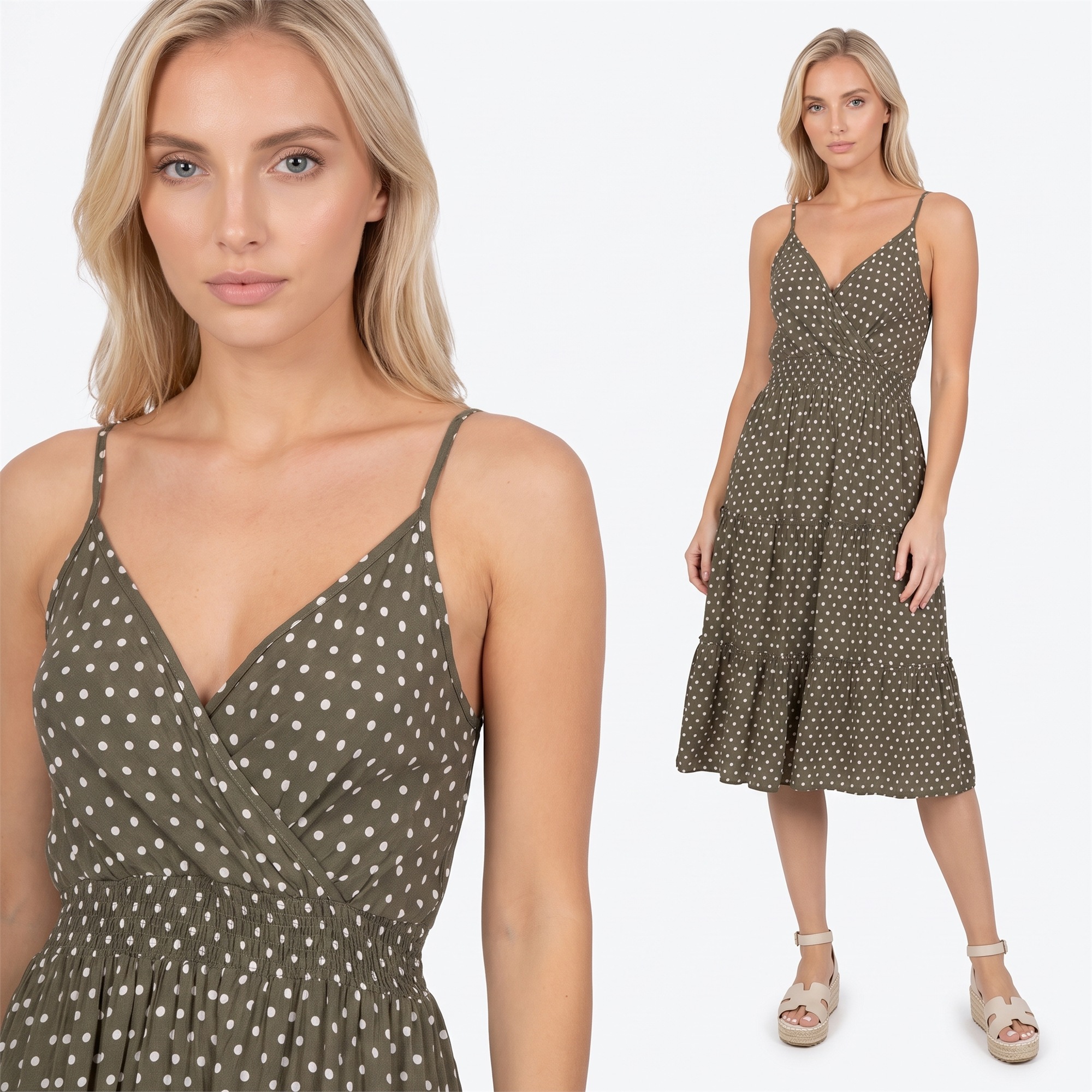 Letnia sukienka midi na ramiączka w groszki Pink Fashion Khaki - W261351