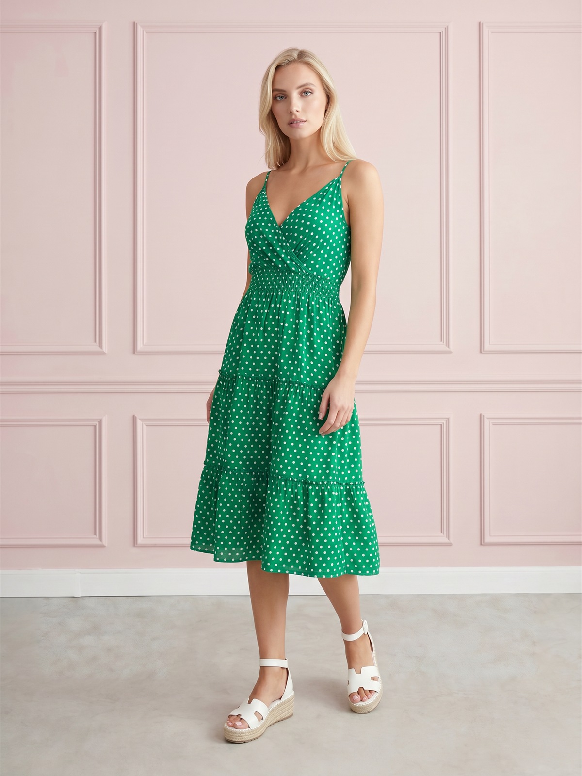 Letnia sukienka midi na ramiączka w groszki Pink Fashion Zielona - W261351